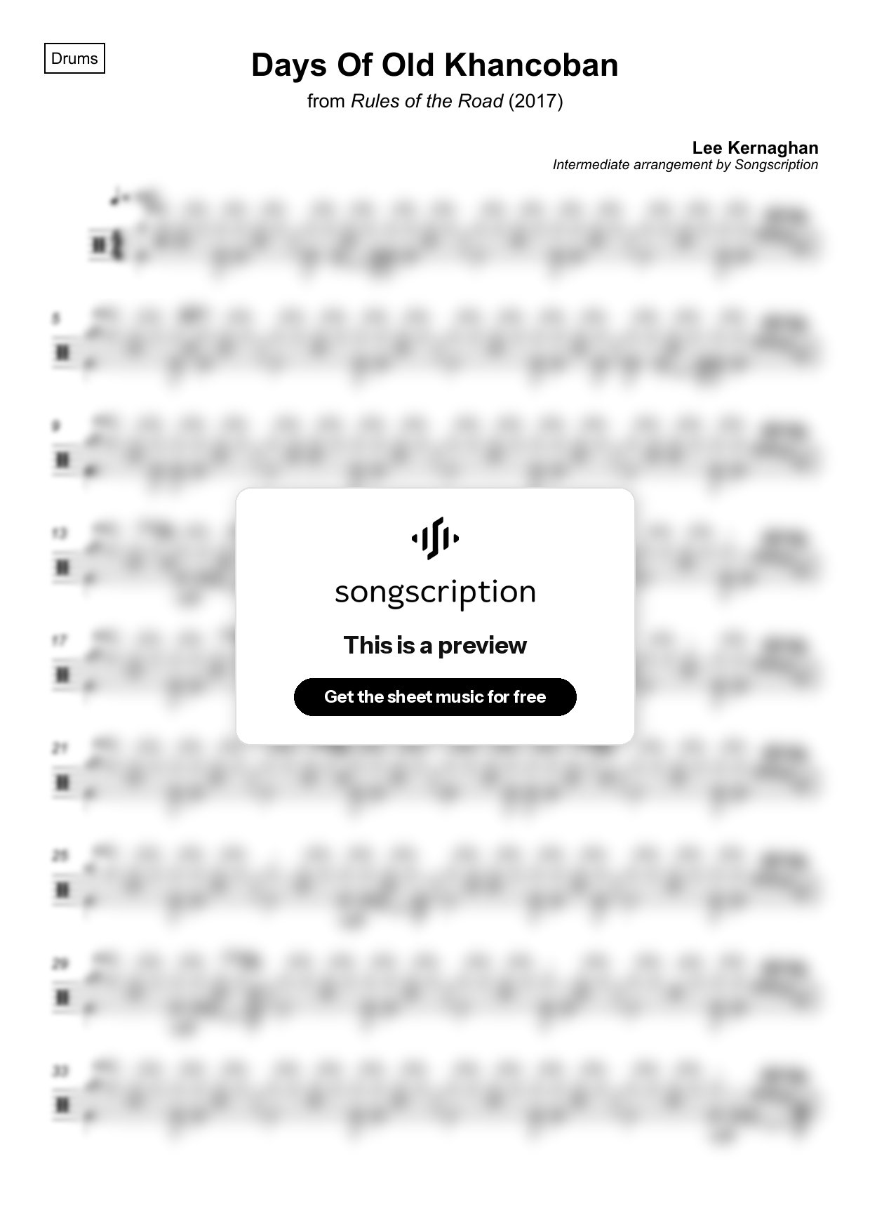 Intermediate Drums Sheet Music for "Days Of Old Khancoban" by Lee Kernaghan