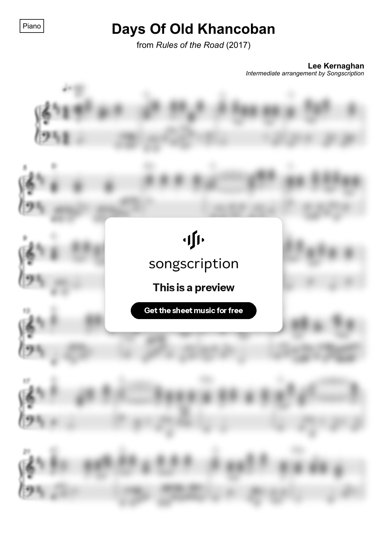 Intermediate Piano Sheet Music for "Days Of Old Khancoban" by Lee Kernaghan