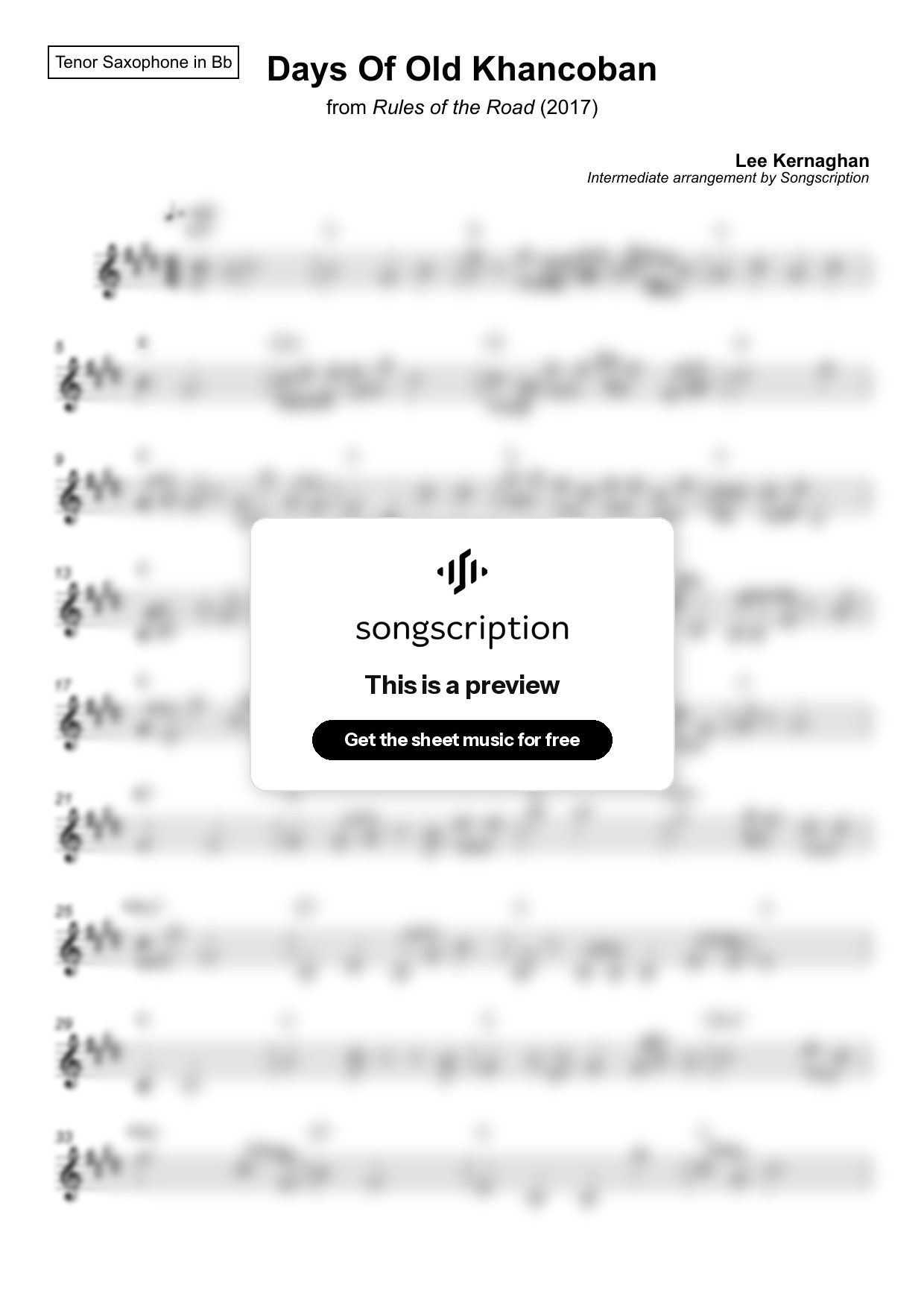 Intermediate Tenor Sax Sheet Music for "Days Of Old Khancoban" by Lee Kernaghan