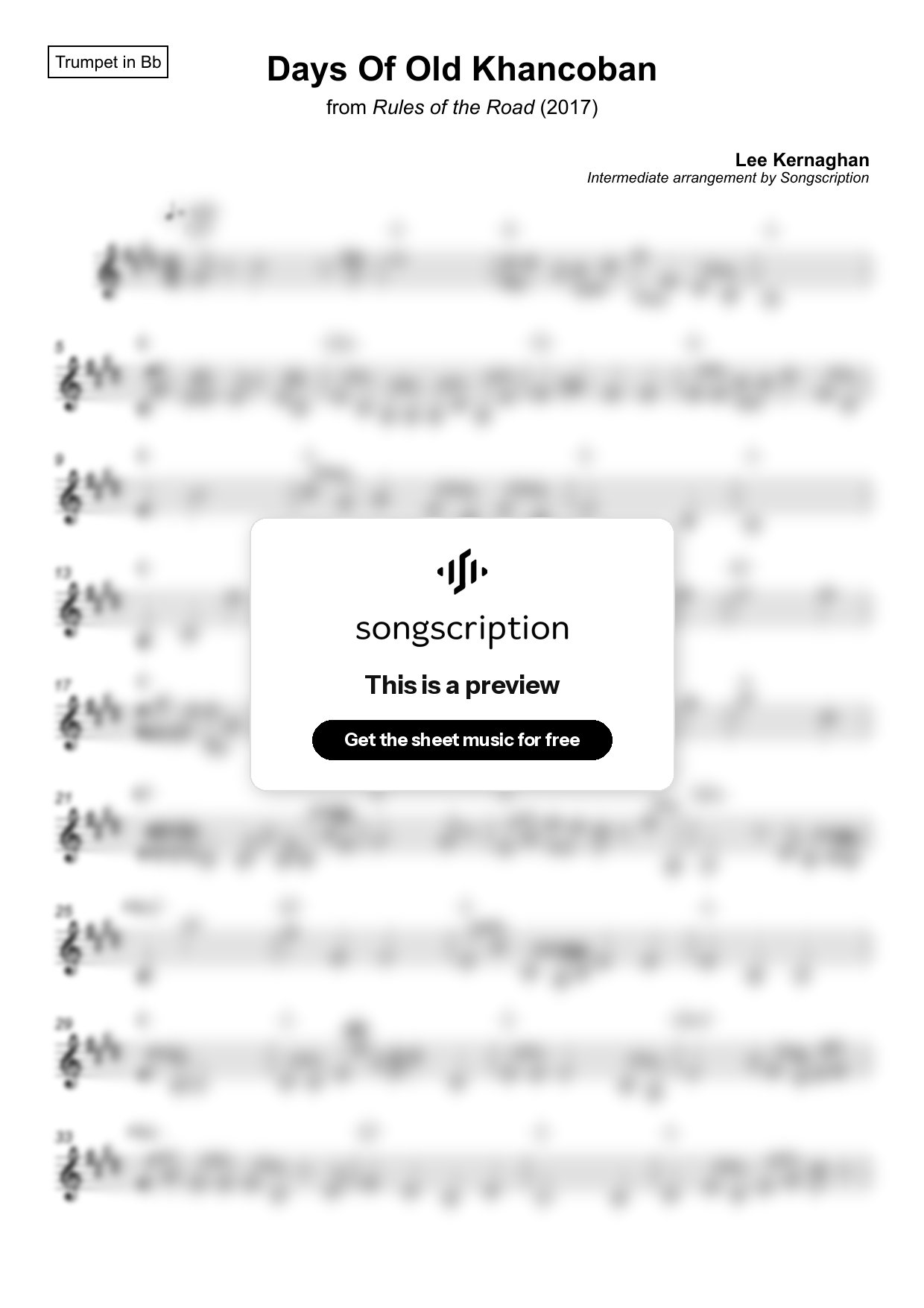 Intermediate Trumpet Sheet Music for "Days Of Old Khancoban" by Lee Kernaghan