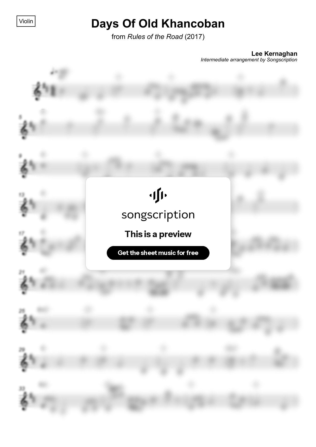 Intermediate Violin Sheet Music for "Days Of Old Khancoban" by Lee Kernaghan