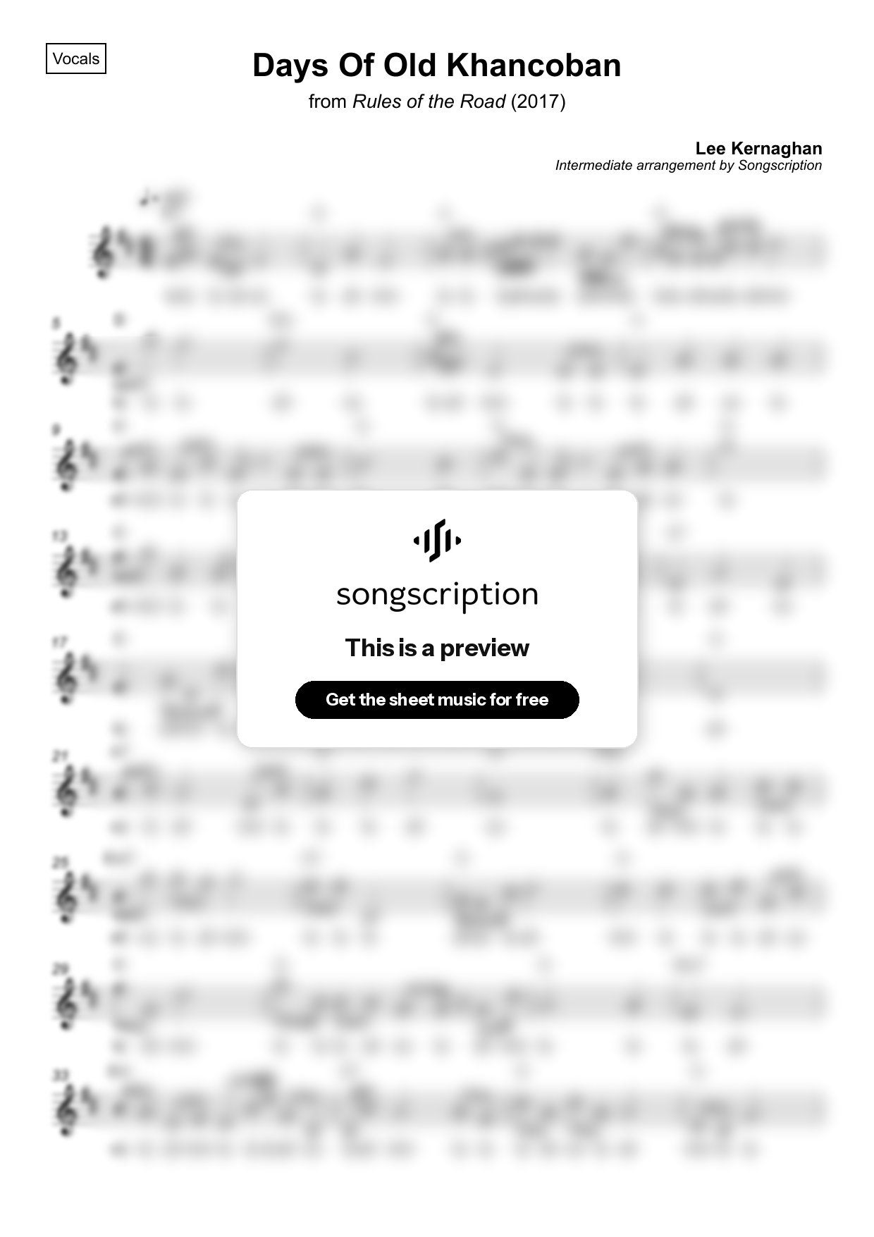 Intermediate Vocals Sheet Music for "Days Of Old Khancoban" by Lee Kernaghan