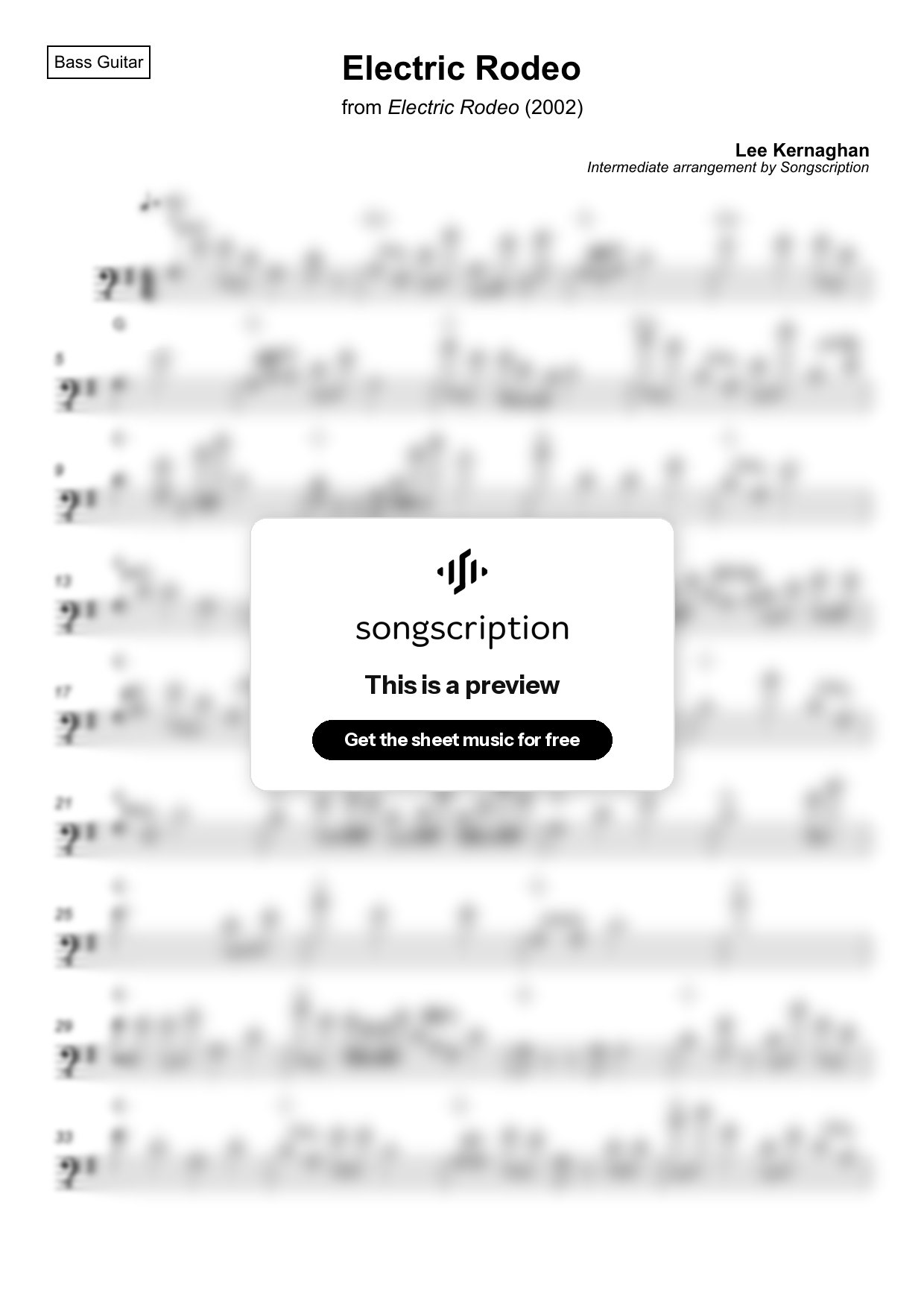 Intermediate Bass Guitar Sheet Music for "Electric Rodeo" by Lee Kernaghan