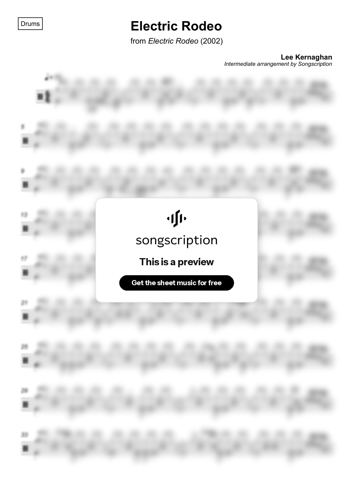 Intermediate Drums Sheet Music for "Electric Rodeo" by Lee Kernaghan