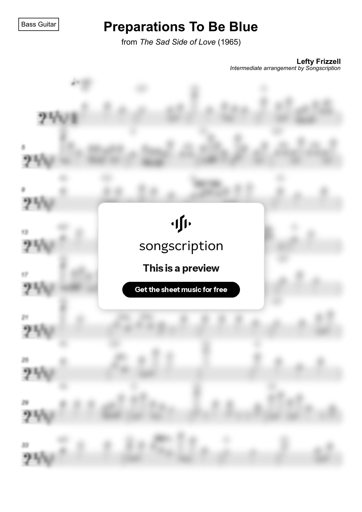 Intermediate Bass Guitar Sheet Music for "Preparations To Be Blue" by Lefty Frizzell
