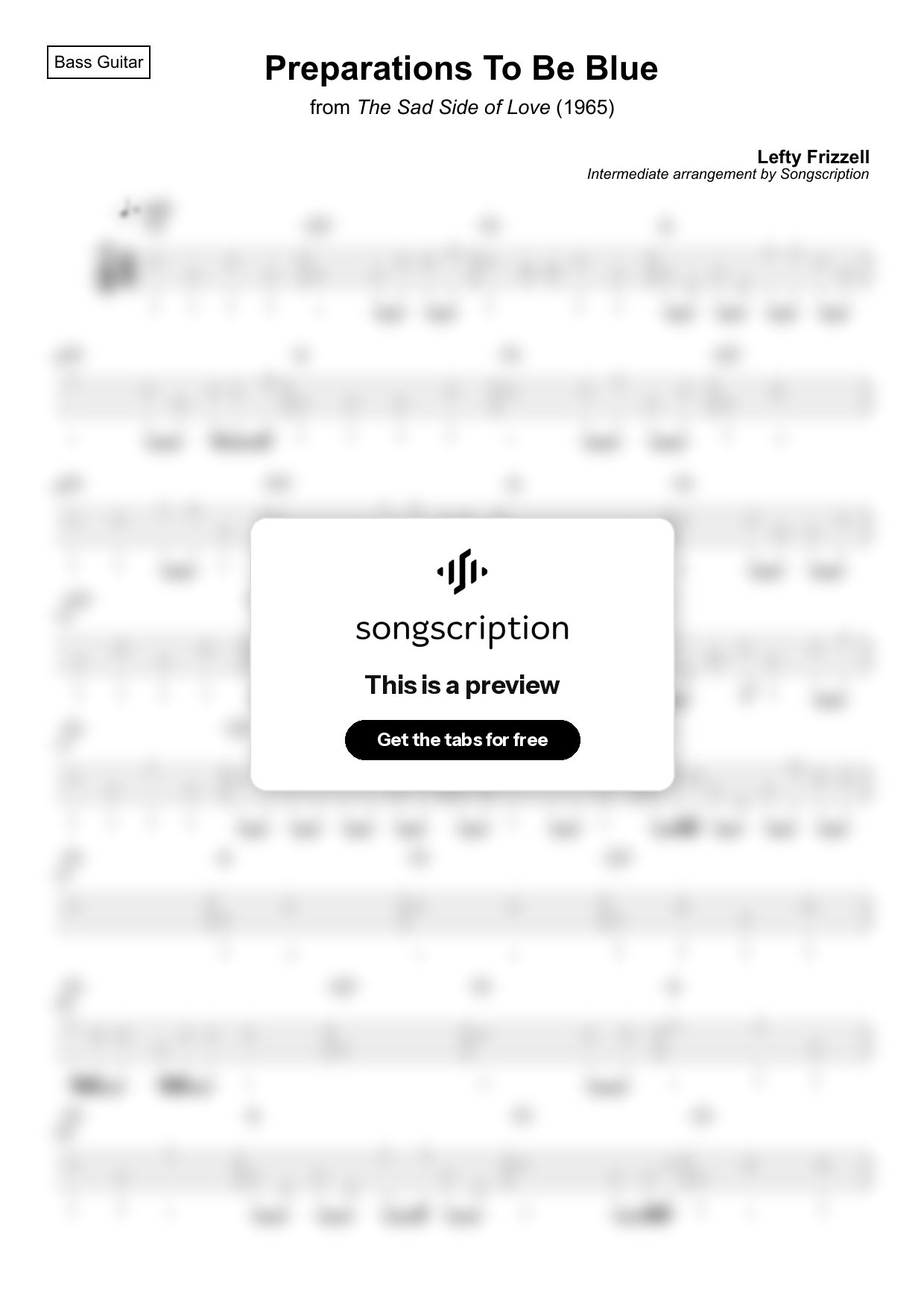 Intermediate Bass Guitar Tabs for "Preparations To Be Blue" by Lefty Frizzell