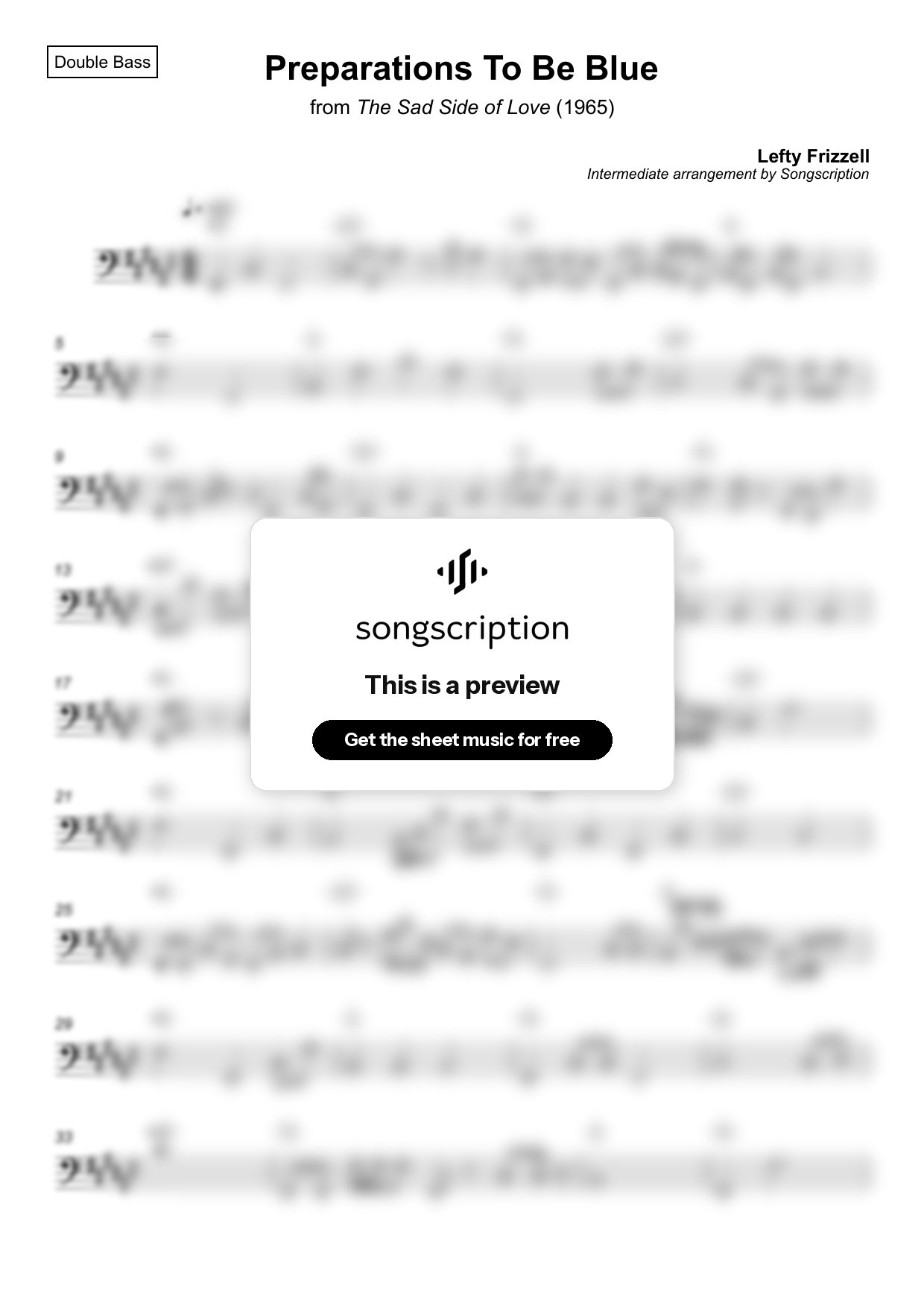 Intermediate Double Bass Sheet Music for "Preparations To Be Blue" by Lefty Frizzell