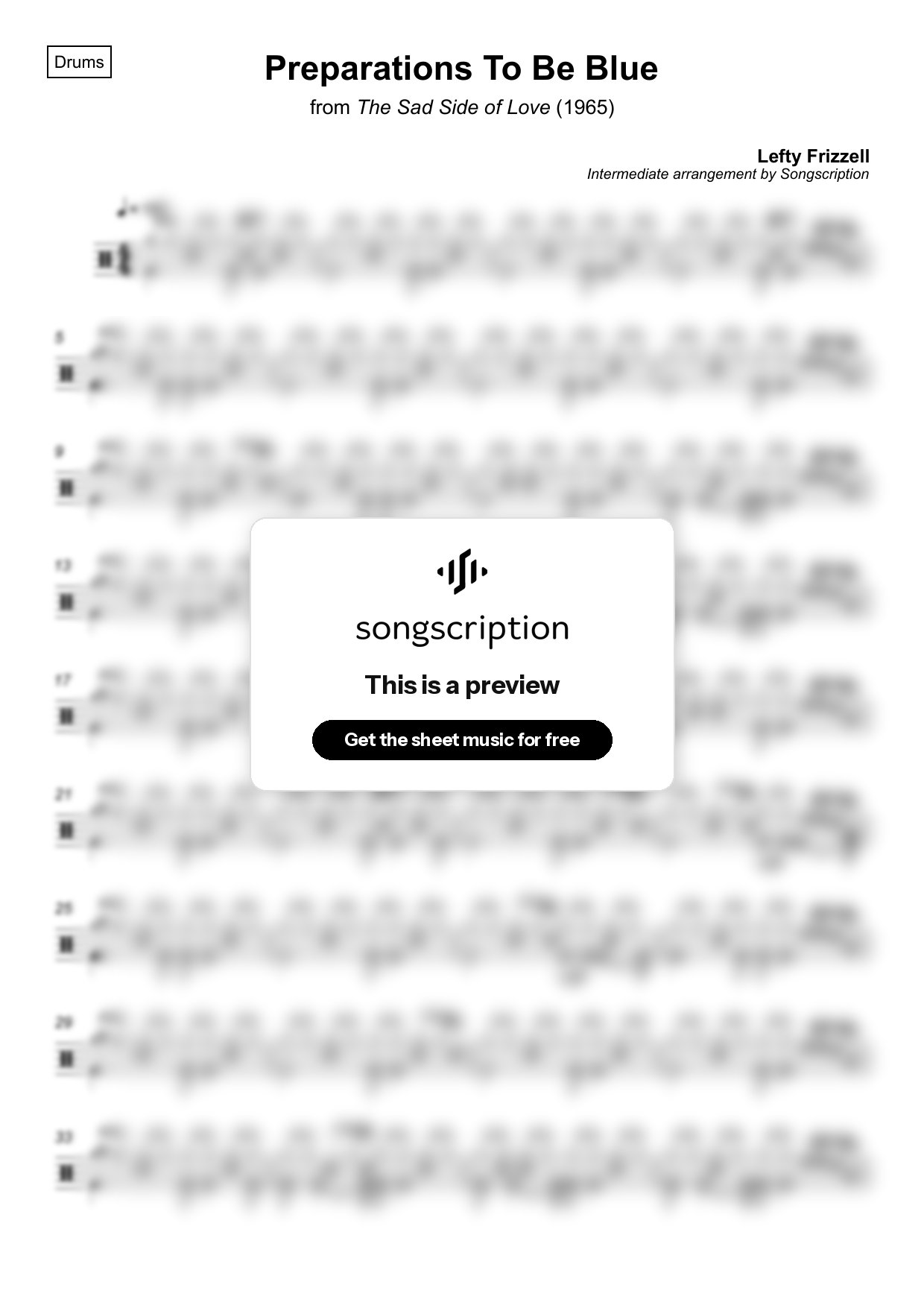 Intermediate Drums Sheet Music for "Preparations To Be Blue" by Lefty Frizzell