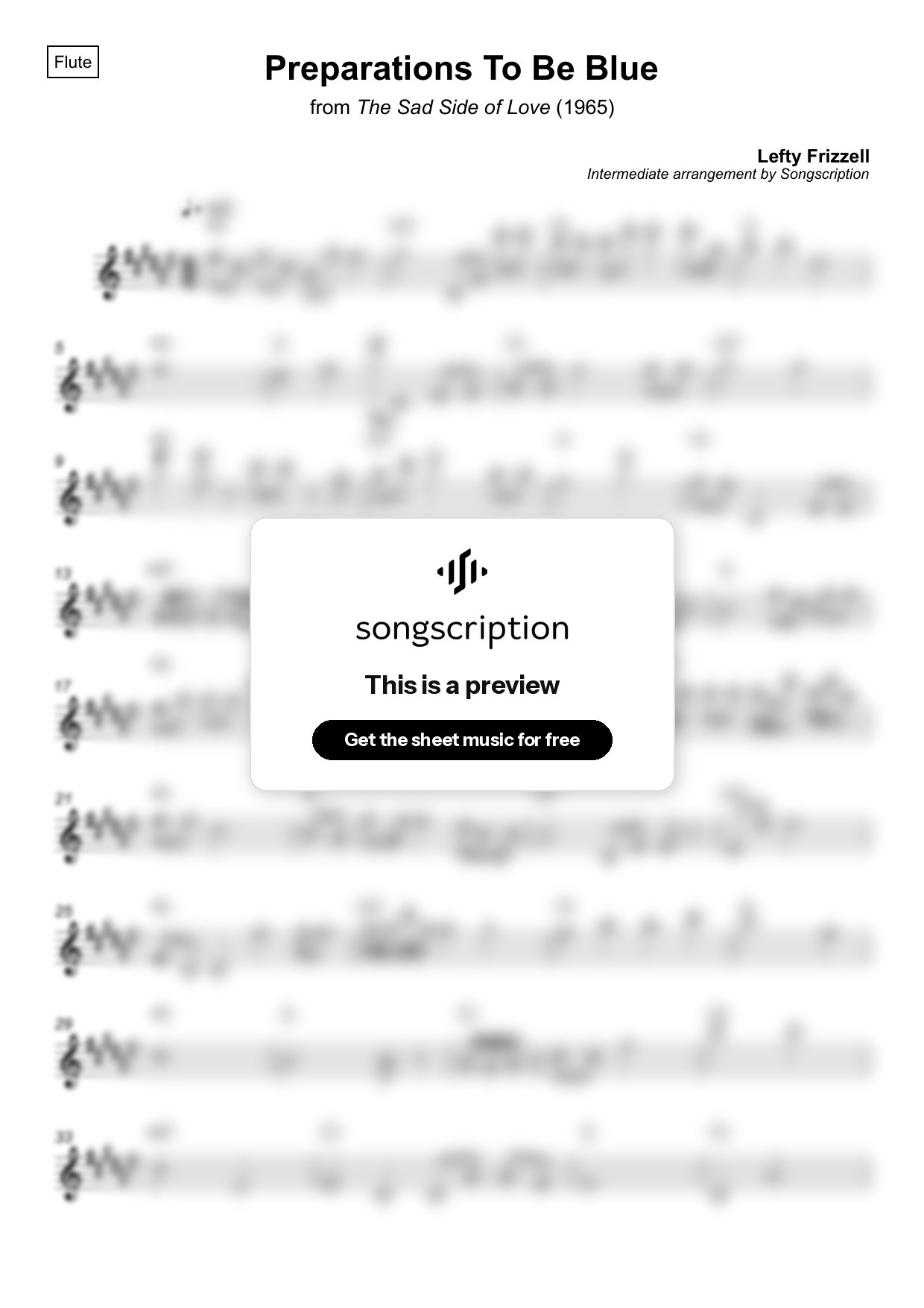 Intermediate Flute Sheet Music for "Preparations To Be Blue" by Lefty Frizzell
