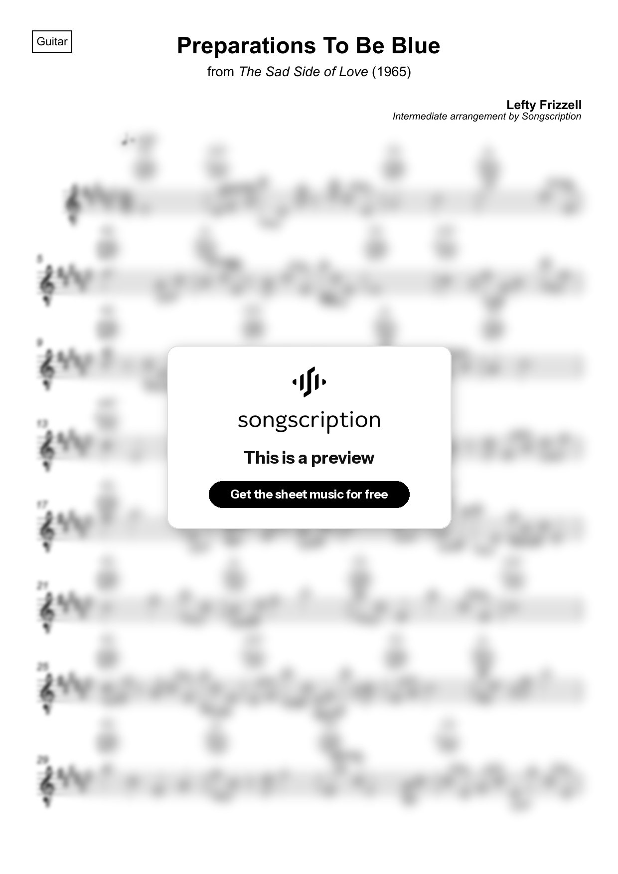 Intermediate Acoustic Guitar Sheet Music for "Preparations To Be Blue" by Lefty Frizzell