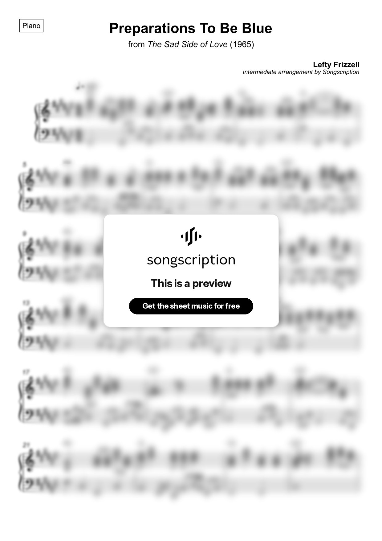 Intermediate Piano Sheet Music for "Preparations To Be Blue" by Lefty Frizzell