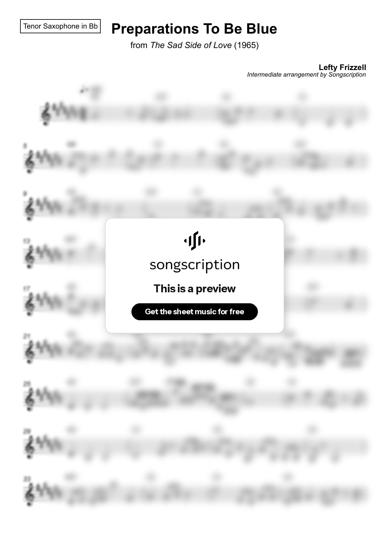 Intermediate Tenor Sax Sheet Music for "Preparations To Be Blue" by Lefty Frizzell