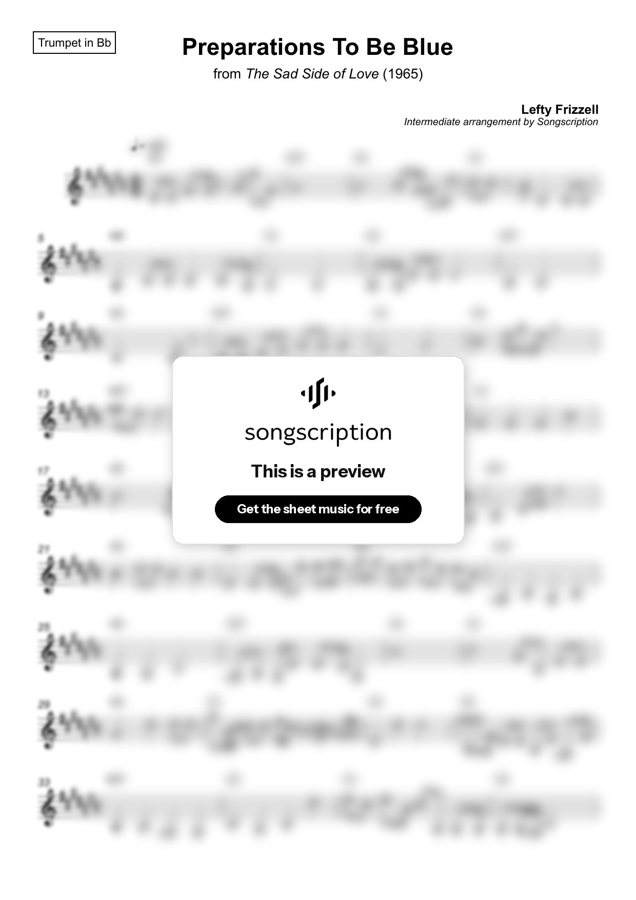 Intermediate Trumpet Sheet Music for "Preparations To Be Blue" by Lefty Frizzell