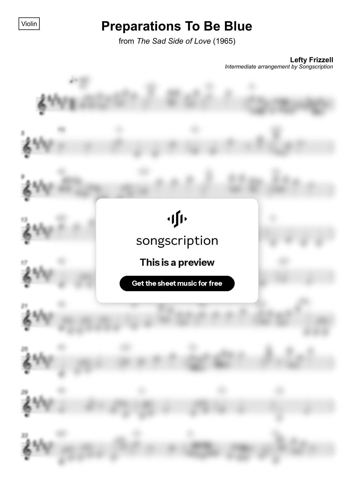 Intermediate Violin Sheet Music for "Preparations To Be Blue" by Lefty Frizzell