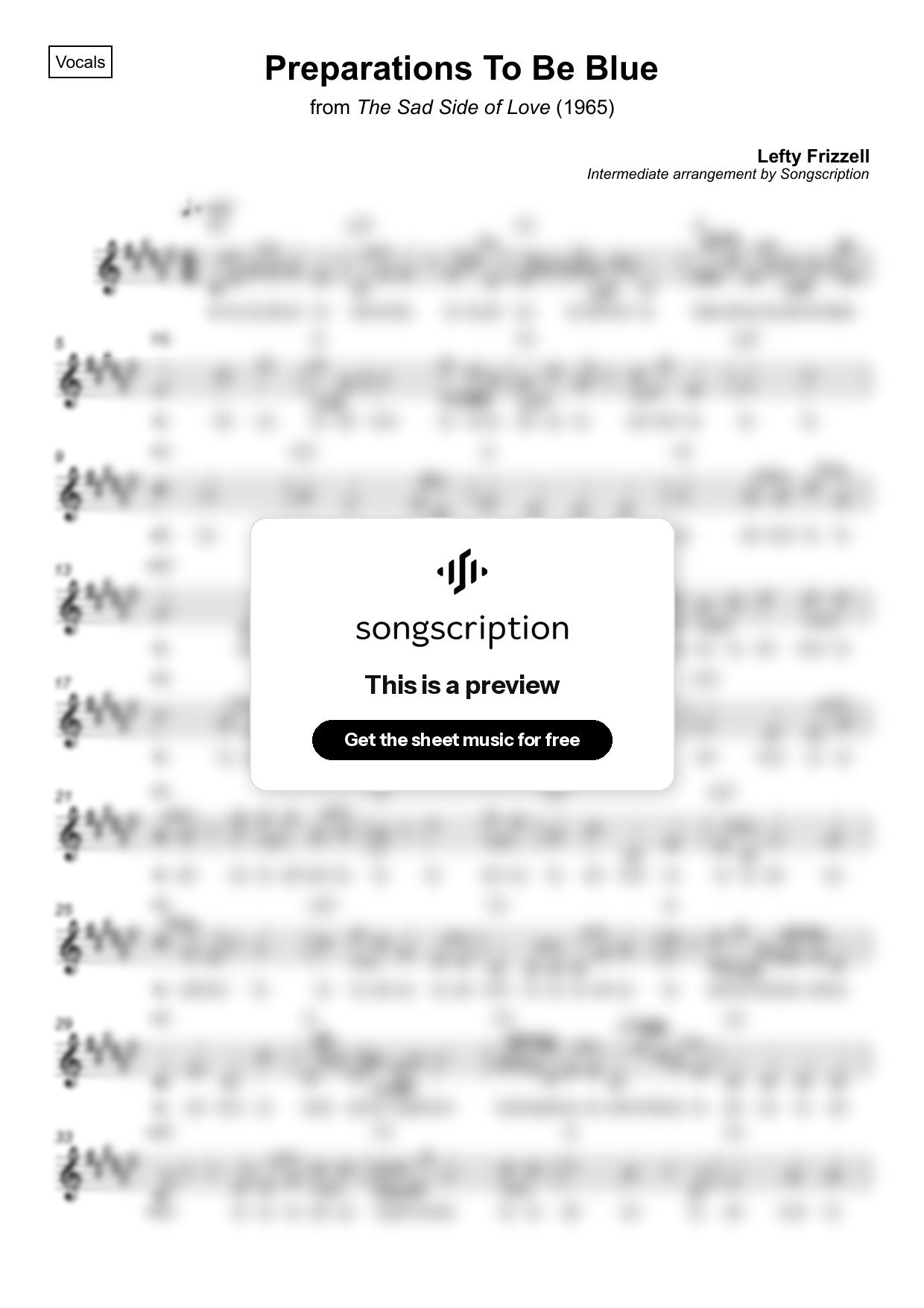 Intermediate Vocals Sheet Music for "Preparations To Be Blue" by Lefty Frizzell