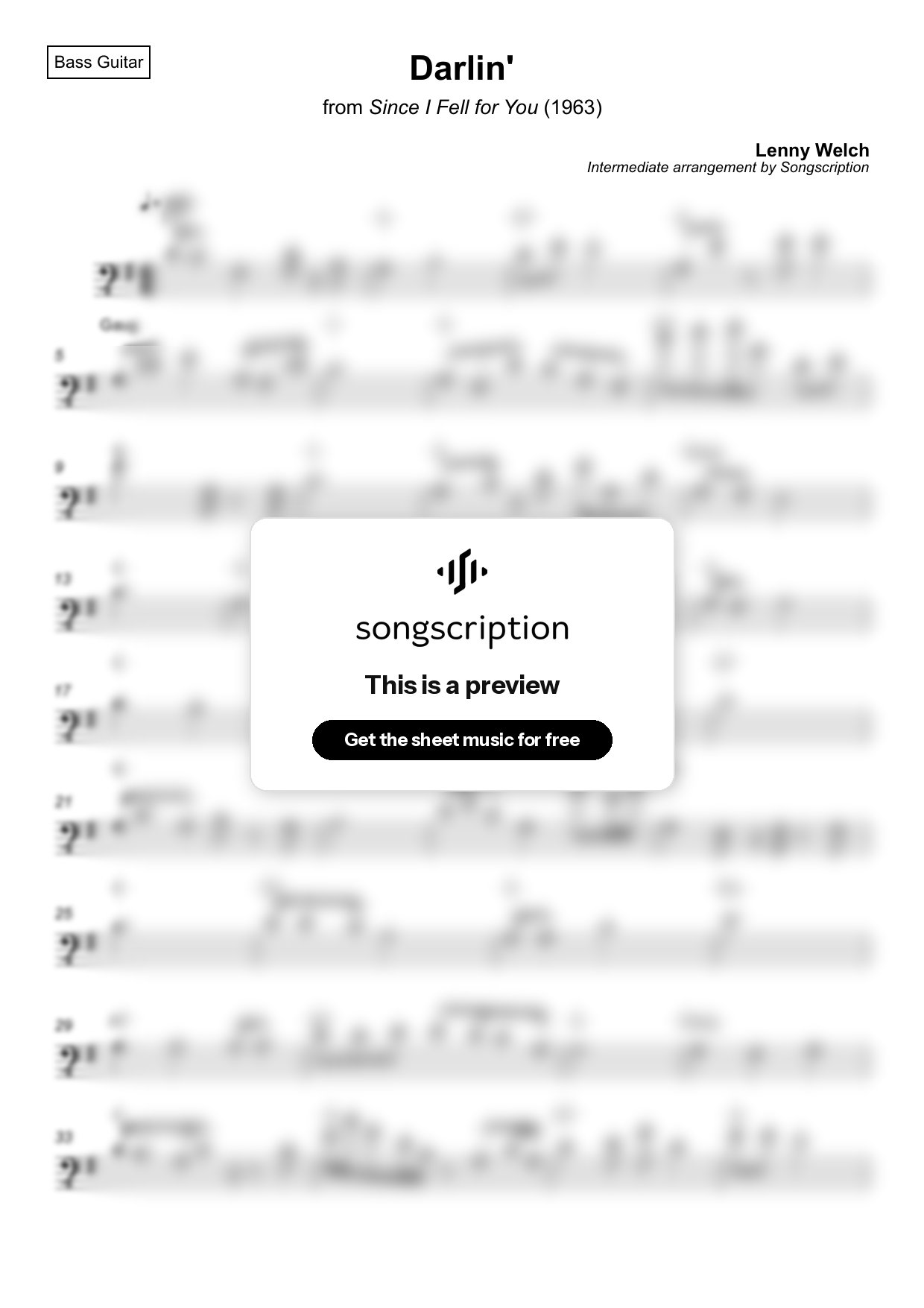 Intermediate Bass Guitar Sheet Music for "Darlin'" by Lenny Welch
