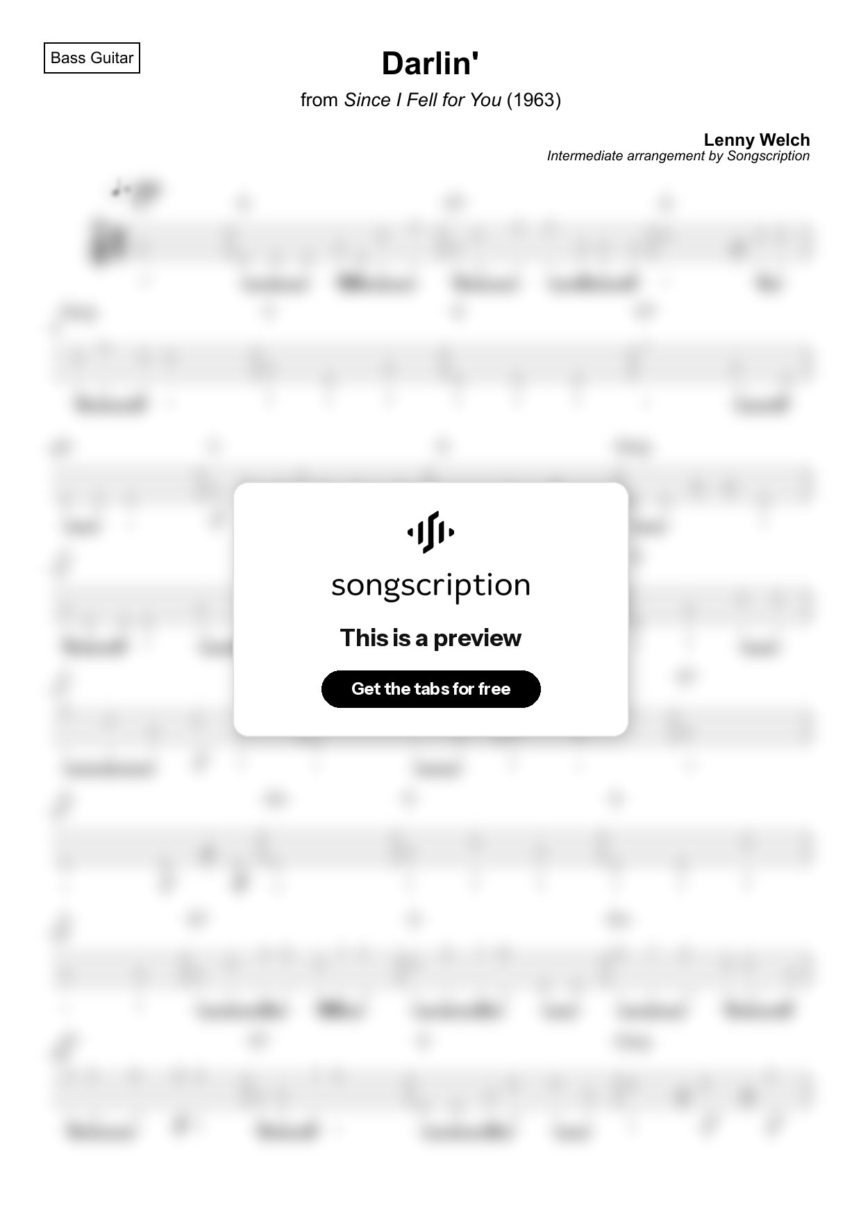 Intermediate Bass Guitar Tabs for "Darlin'" by Lenny Welch