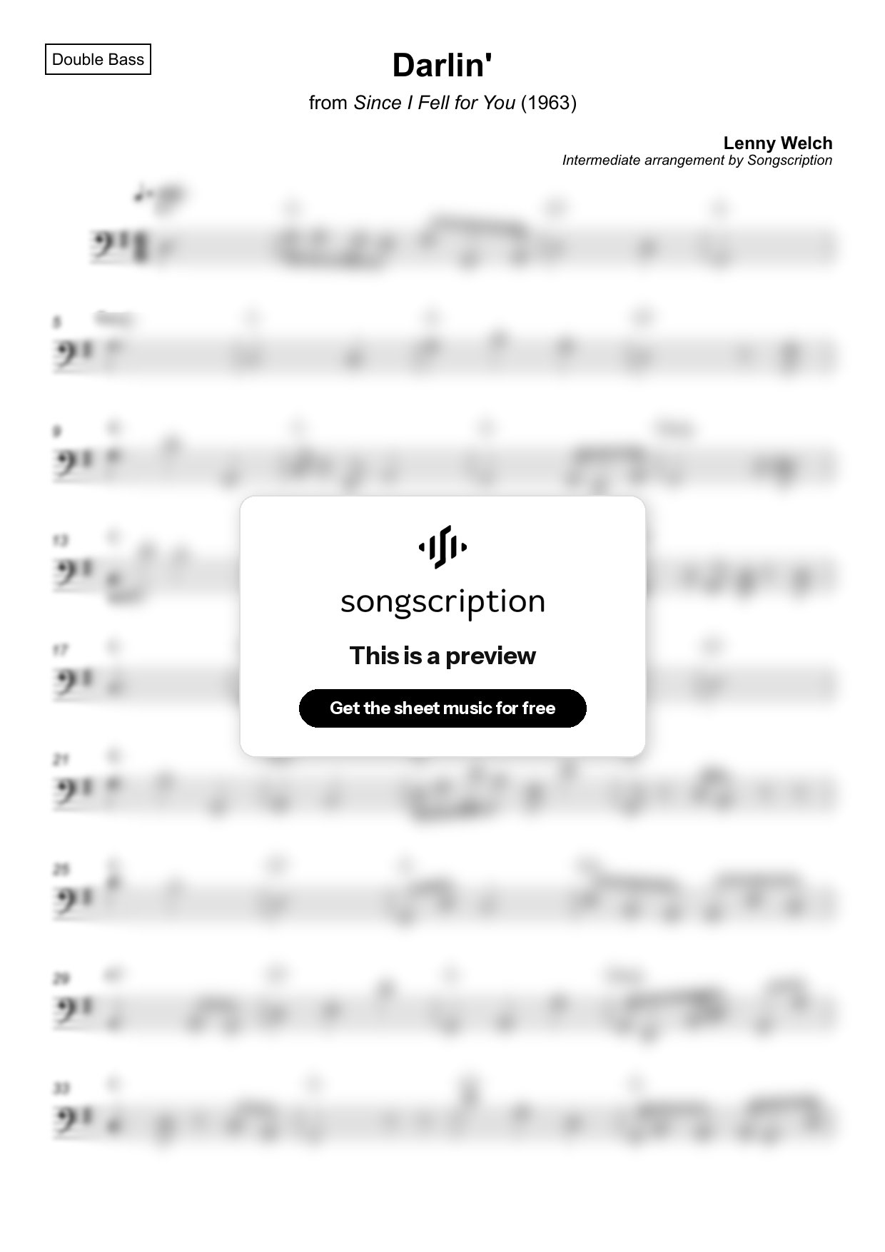Intermediate Double Bass Sheet Music for "Darlin'" by Lenny Welch