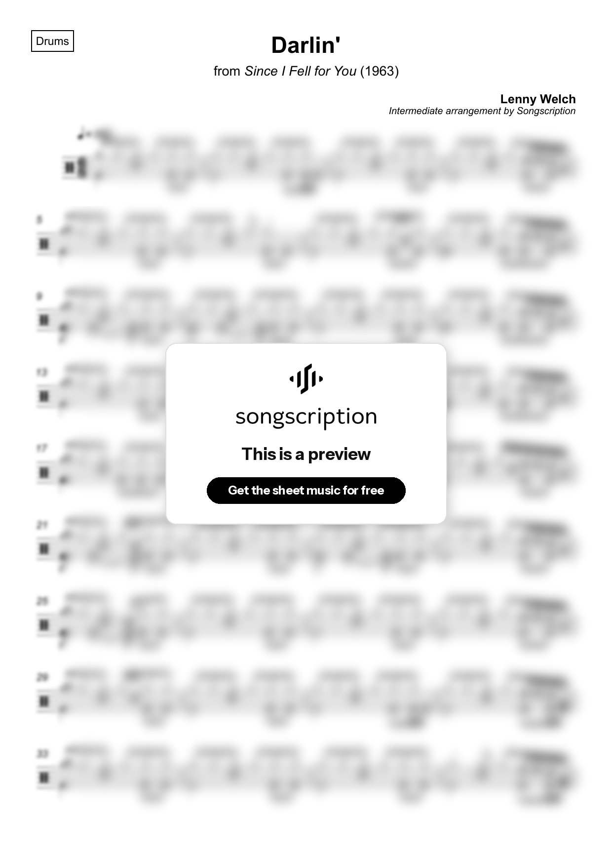 Intermediate Drums Sheet Music for "Darlin'" by Lenny Welch