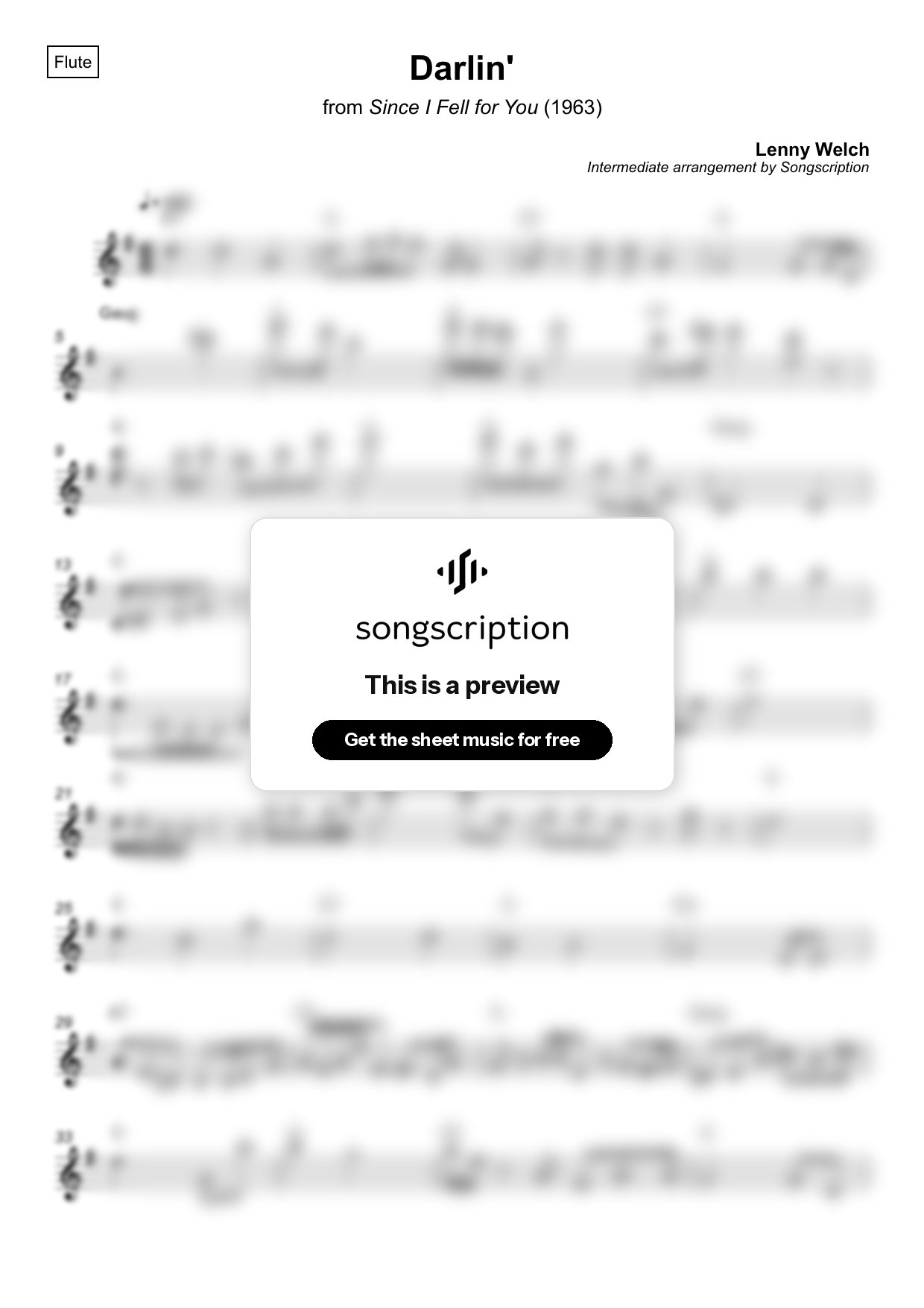 Intermediate Flute Sheet Music for "Darlin'" by Lenny Welch