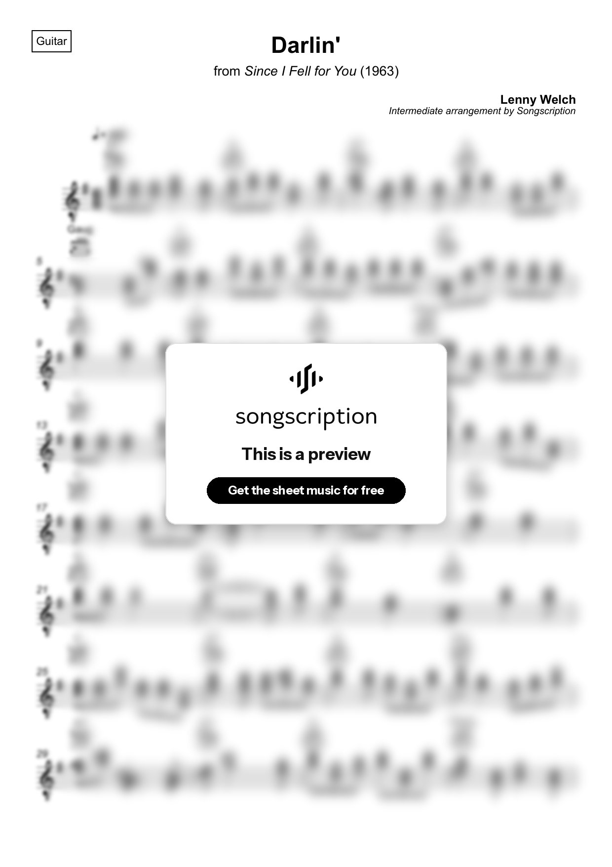 Intermediate Acoustic Guitar Sheet Music for "Darlin'" by Lenny Welch