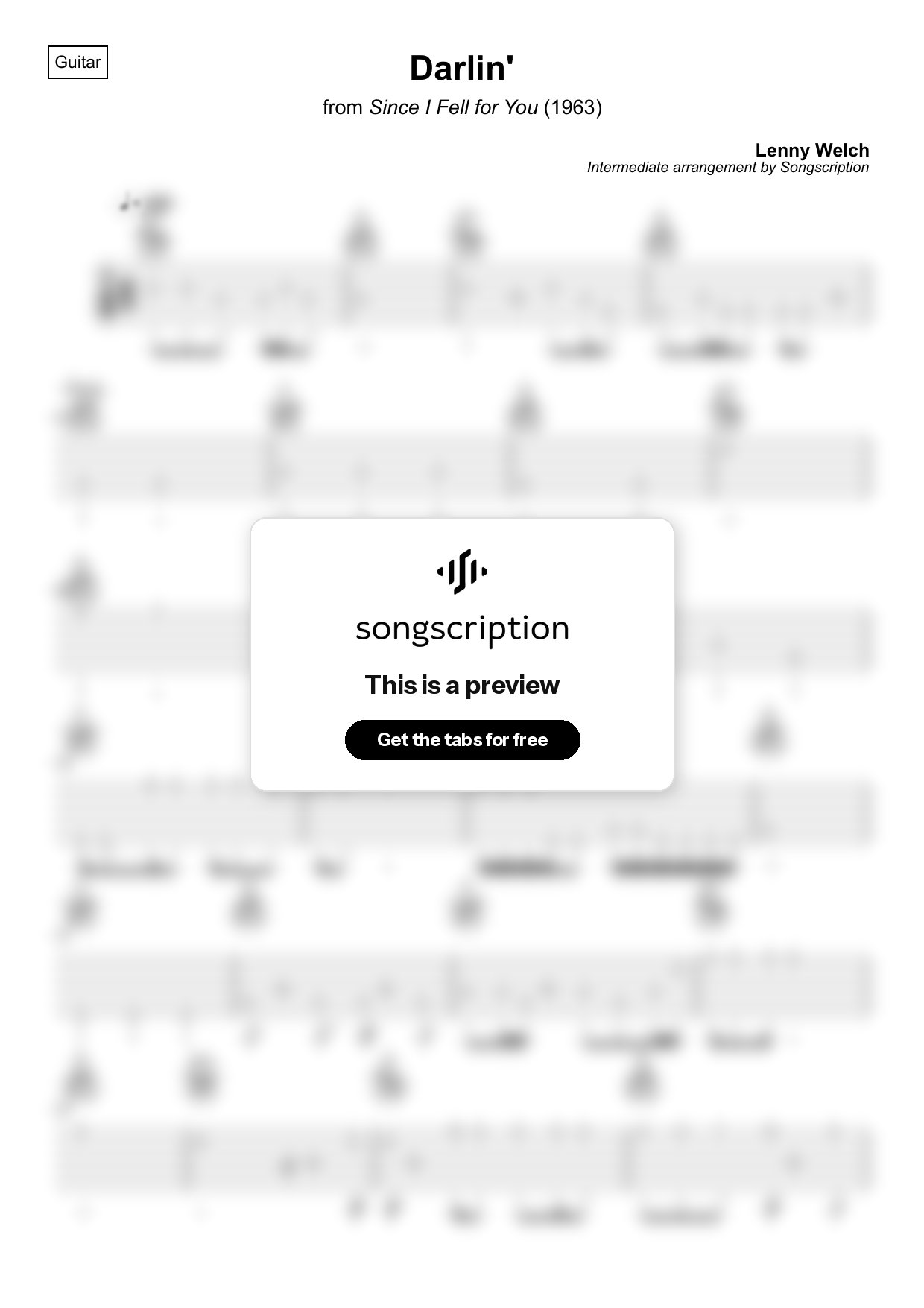 Intermediate Acoustic Guitar Tabs for "Darlin'" by Lenny Welch