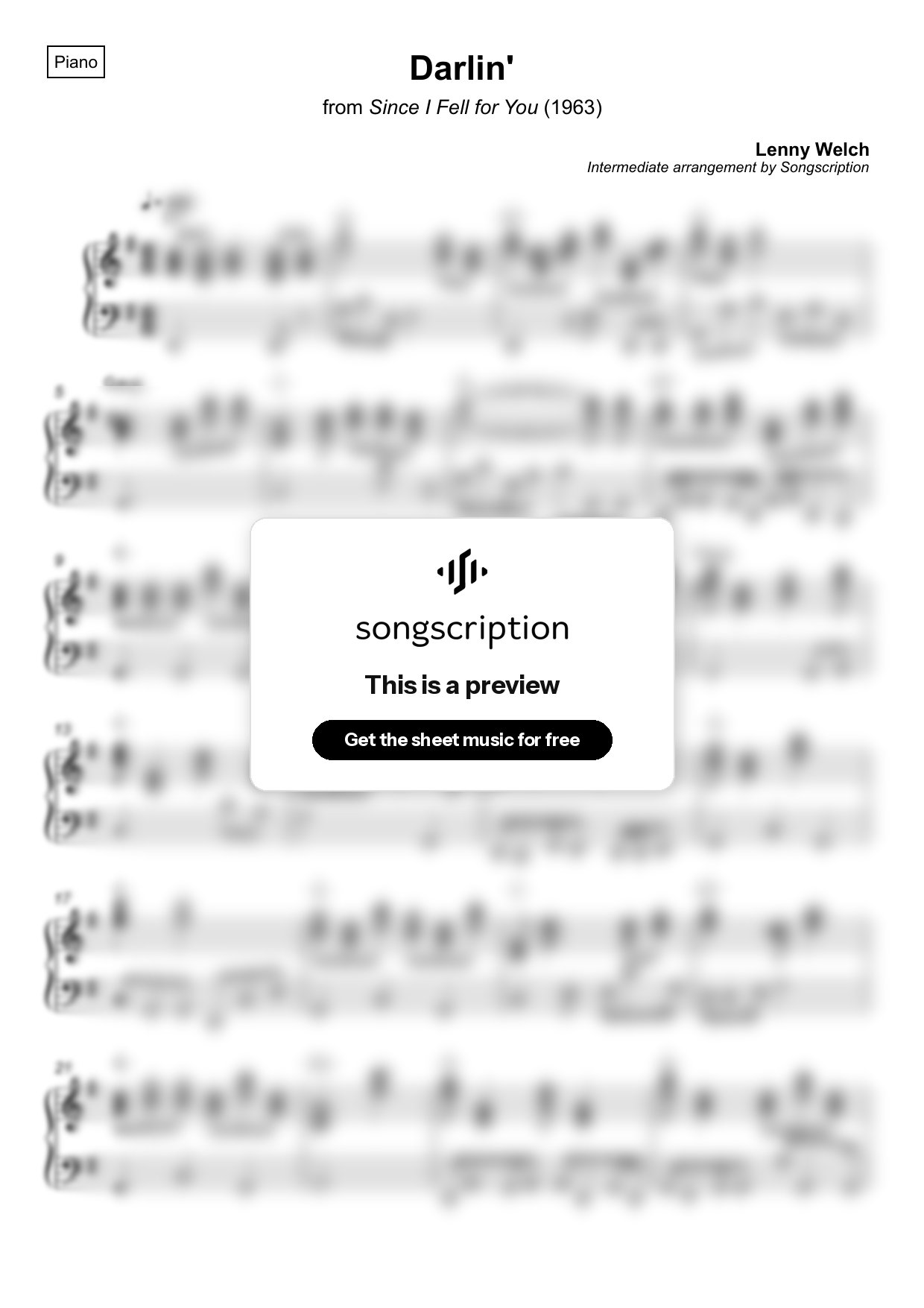 Intermediate Piano Sheet Music for "Darlin'" by Lenny Welch