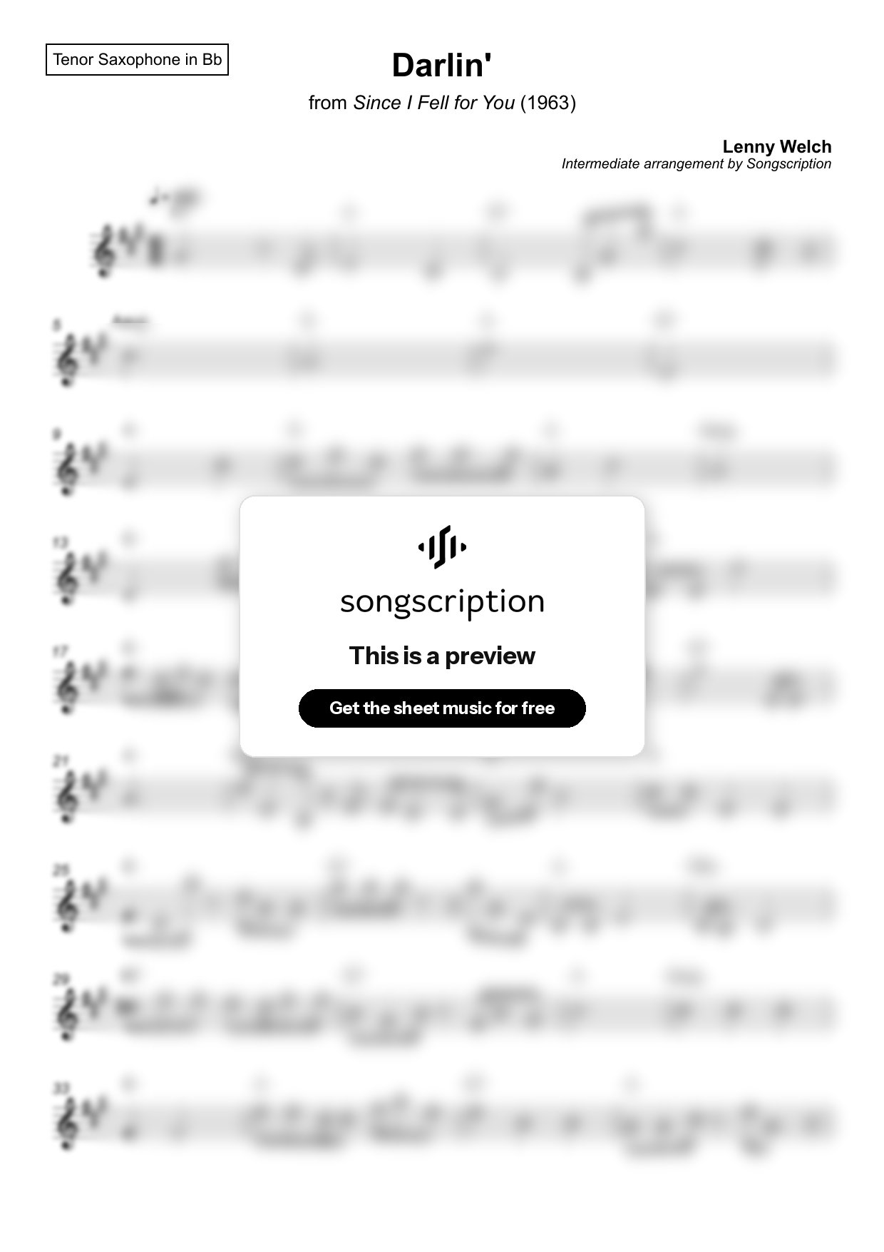 Intermediate Tenor Sax Sheet Music for "Darlin'" by Lenny Welch