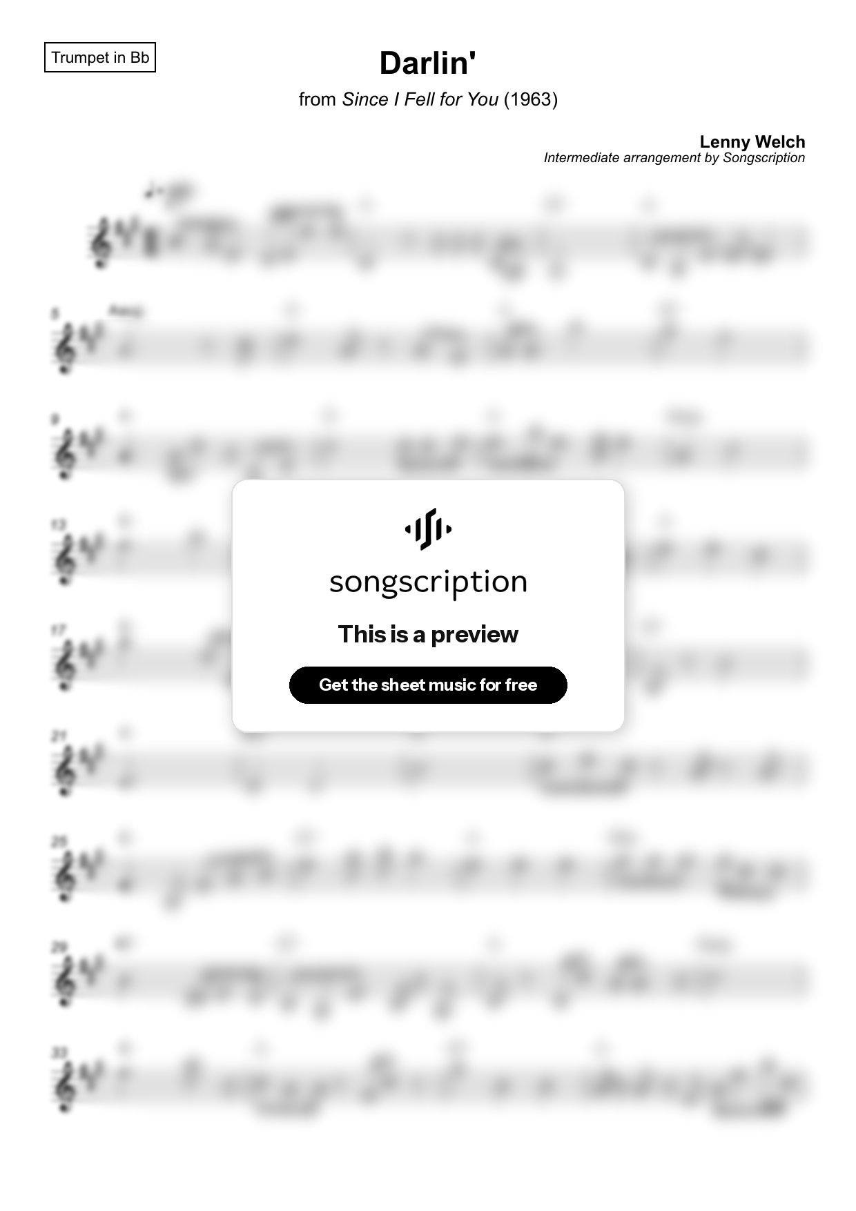 Intermediate Trumpet Sheet Music for "Darlin'" by Lenny Welch