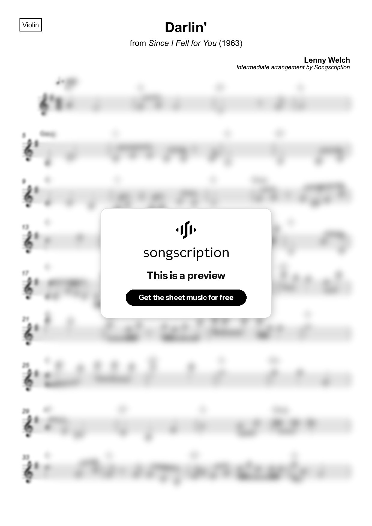 Intermediate Violin Sheet Music for "Darlin'" by Lenny Welch