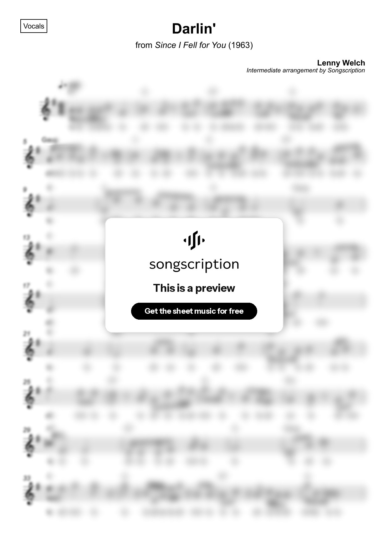 Intermediate Vocals Sheet Music for "Darlin'" by Lenny Welch