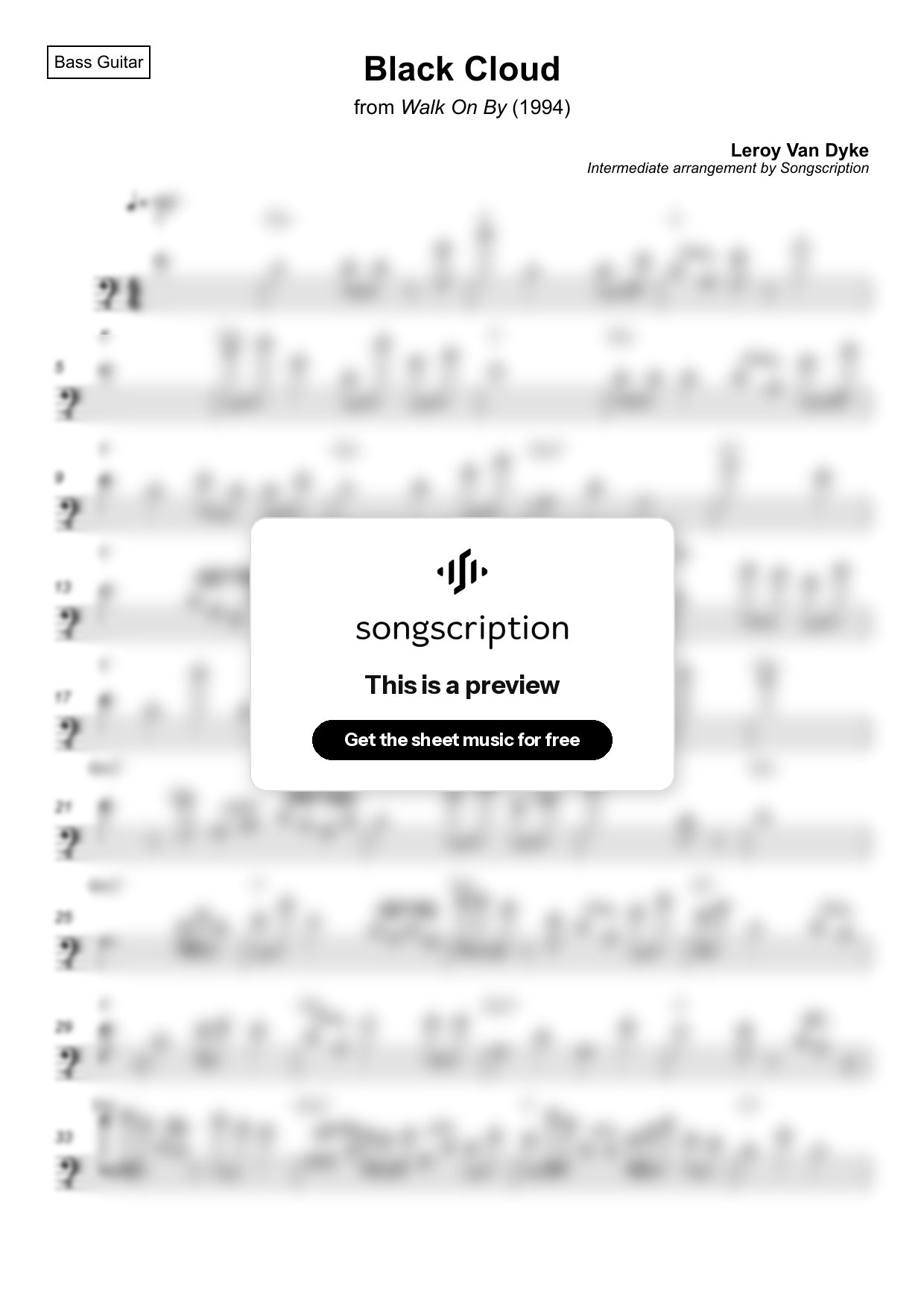 Intermediate Bass Guitar Sheet Music for "Black Cloud" by Leroy Van Dyke