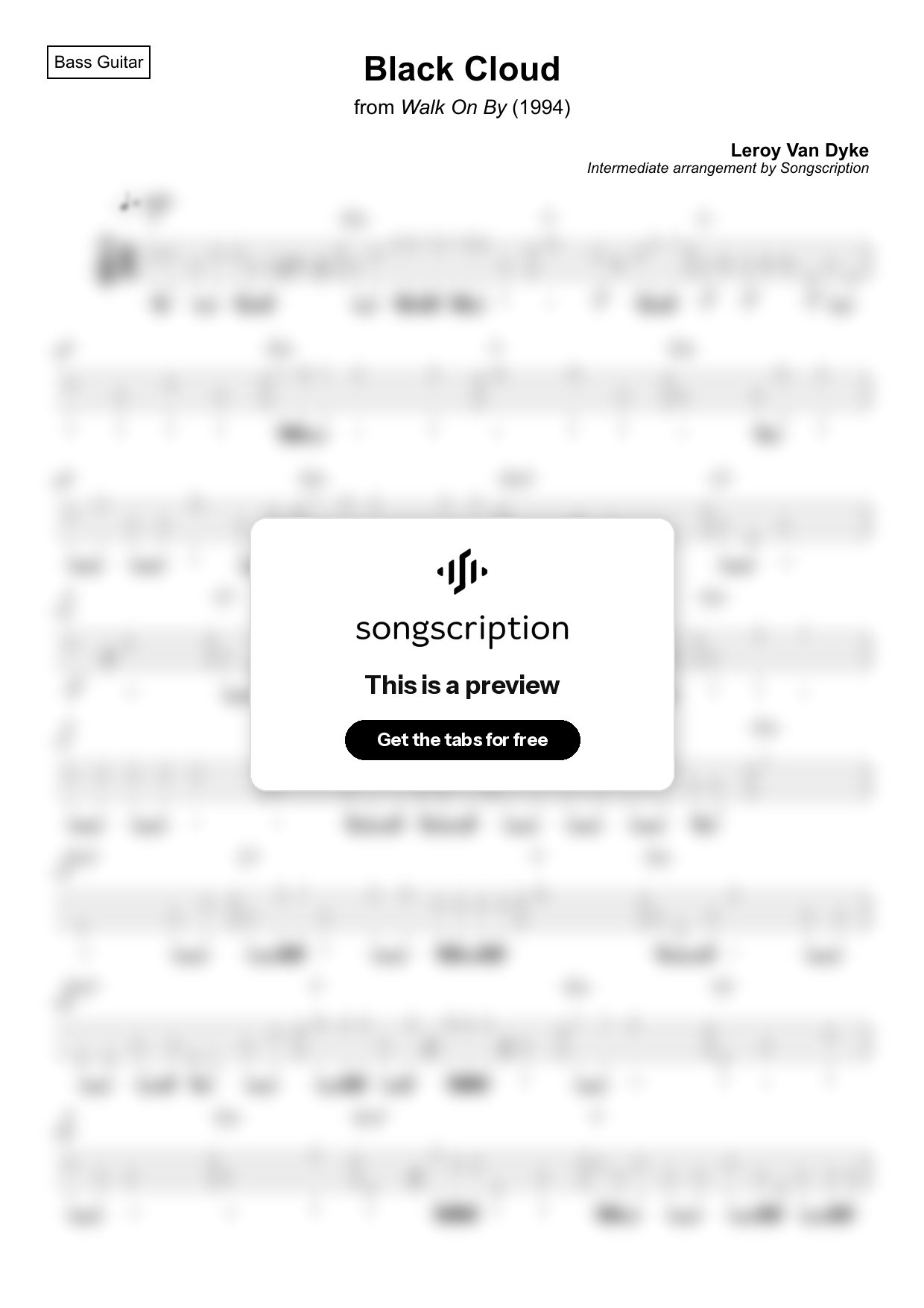 Intermediate Bass Guitar Tabs for "Black Cloud" by Leroy Van Dyke