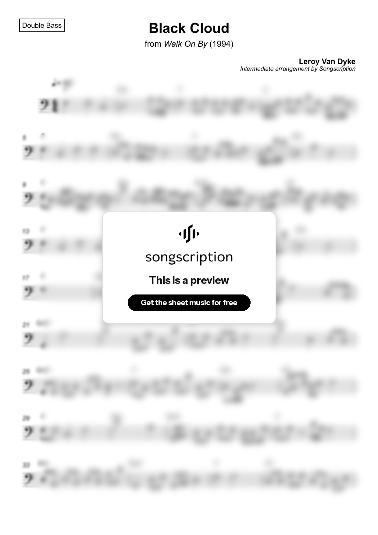 Intermediate Double Bass Sheet Music for "Black Cloud" by Leroy Van Dyke