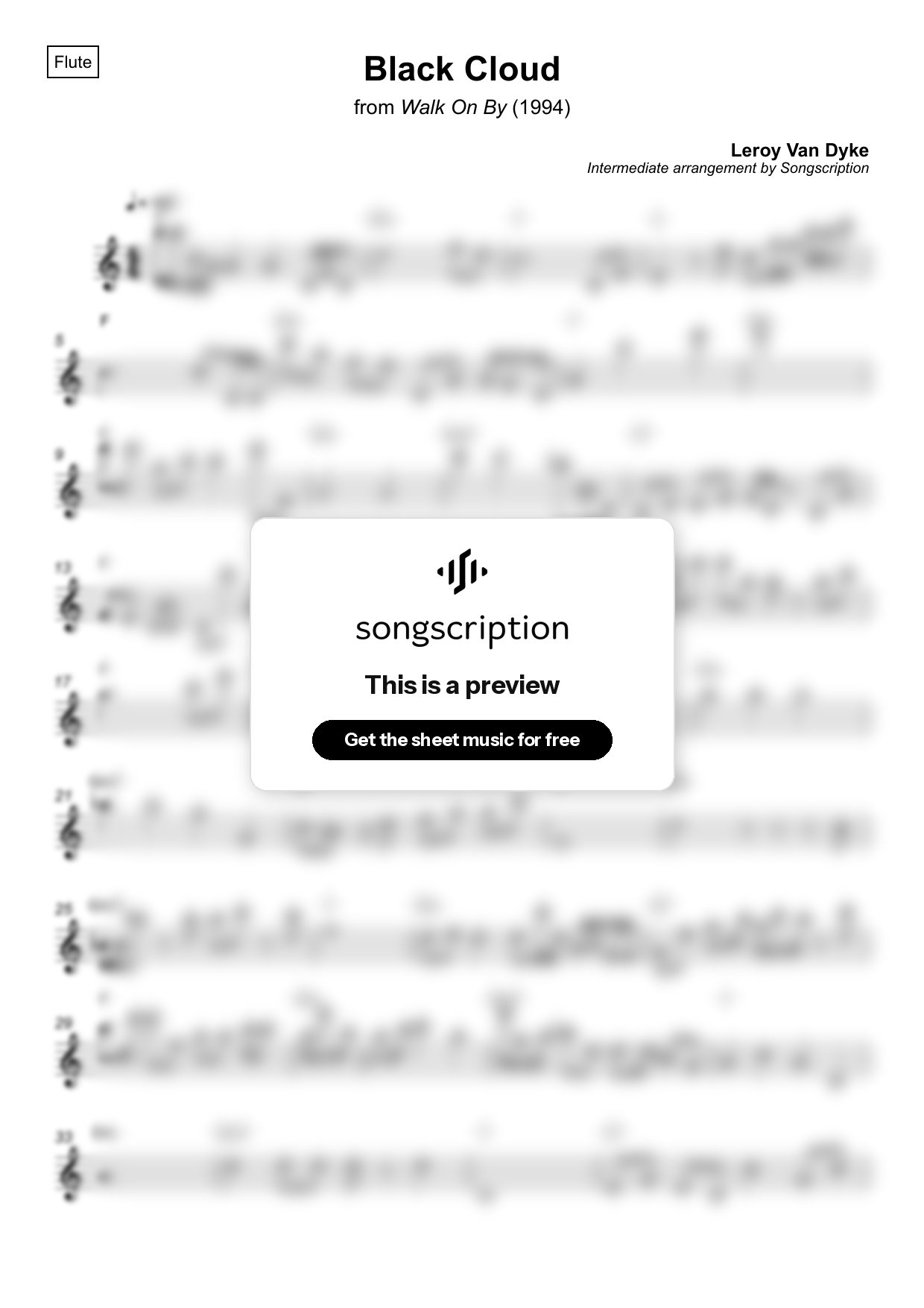 Intermediate Flute Sheet Music for "Black Cloud" by Leroy Van Dyke