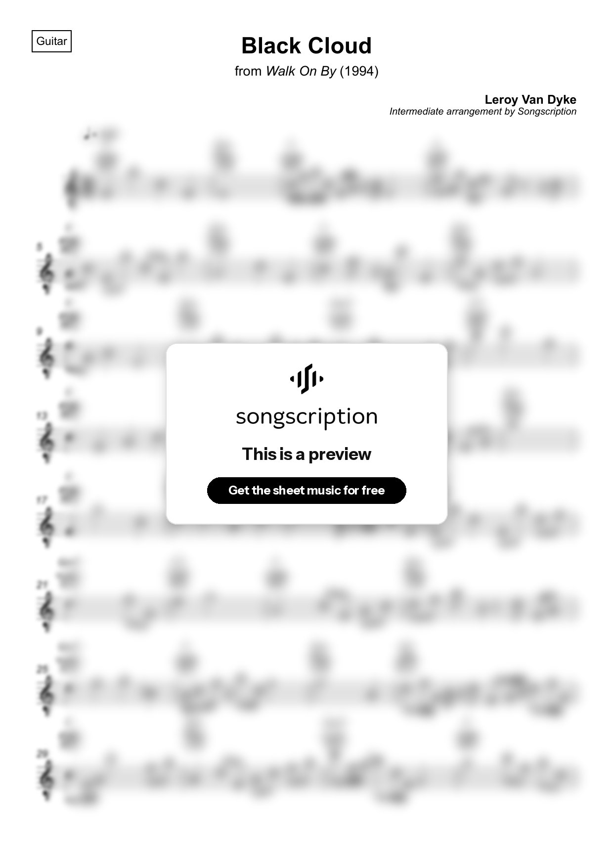 Intermediate Acoustic Guitar Sheet Music for "Black Cloud" by Leroy Van Dyke