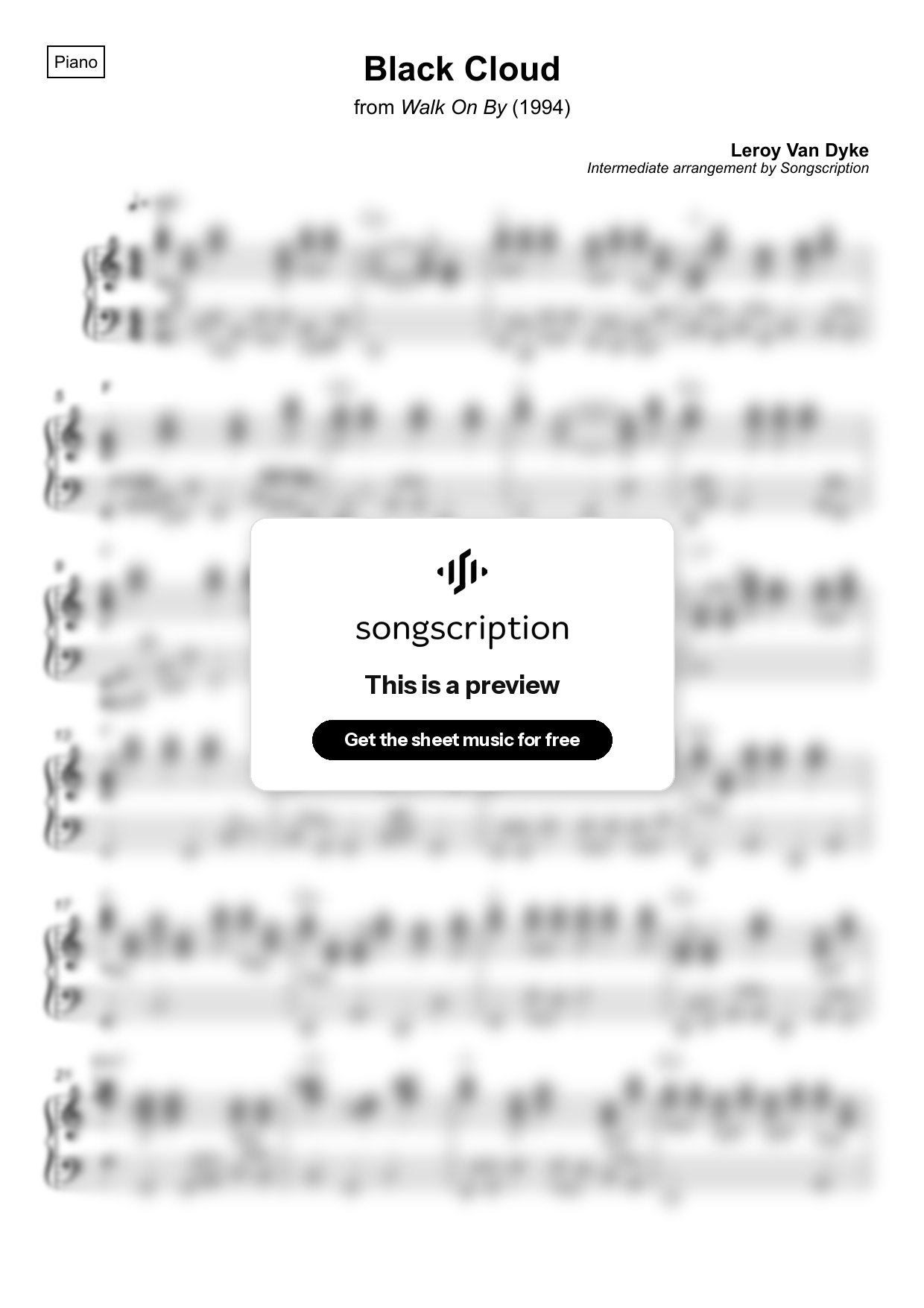 Intermediate Piano Sheet Music for "Black Cloud" by Leroy Van Dyke
