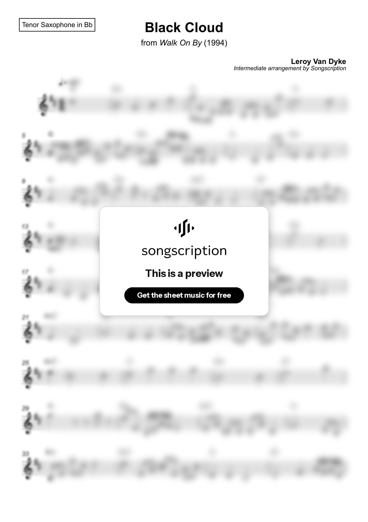 Intermediate Tenor Sax Sheet Music for "Black Cloud" by Leroy Van Dyke