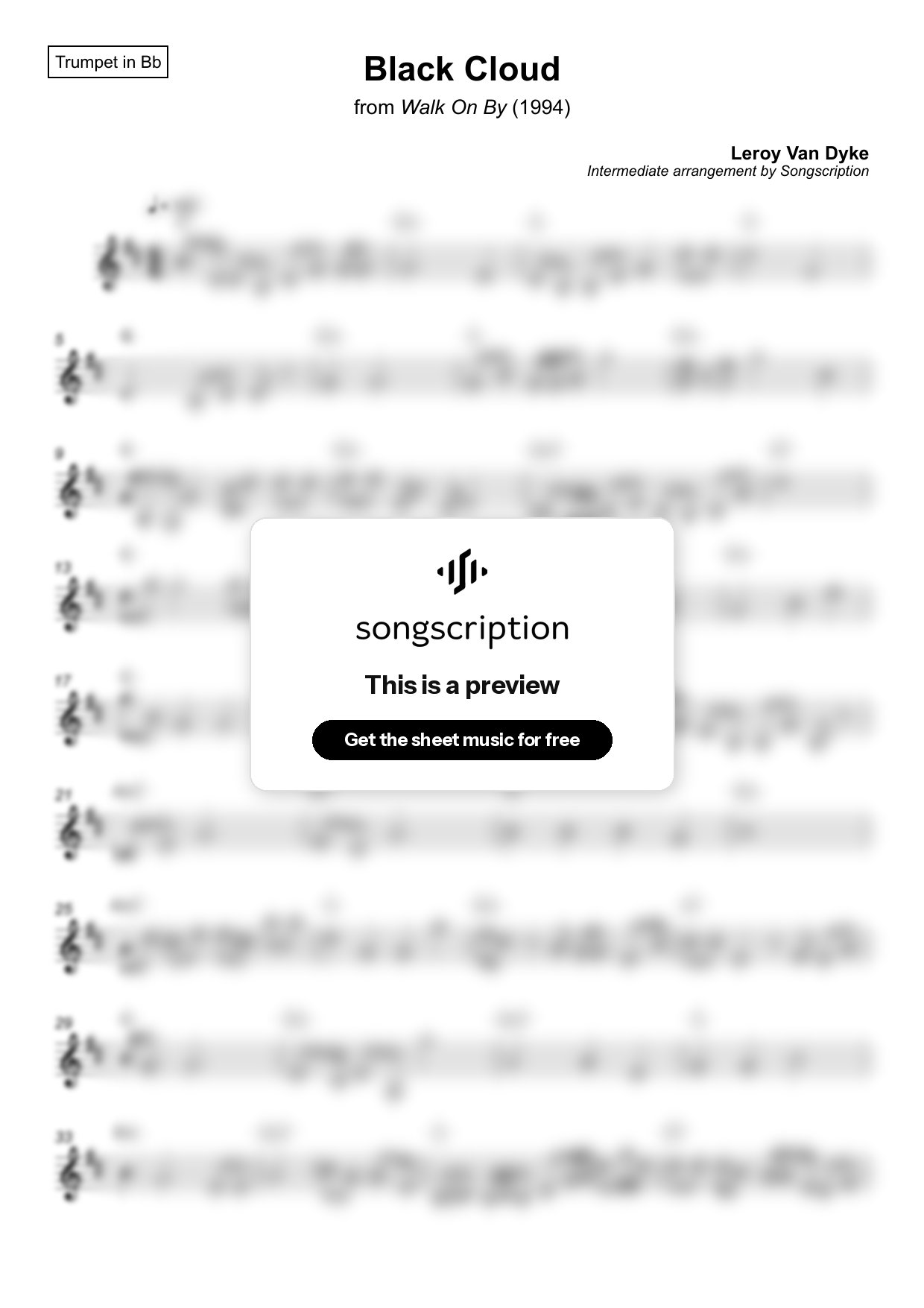 Intermediate Trumpet Sheet Music for "Black Cloud" by Leroy Van Dyke