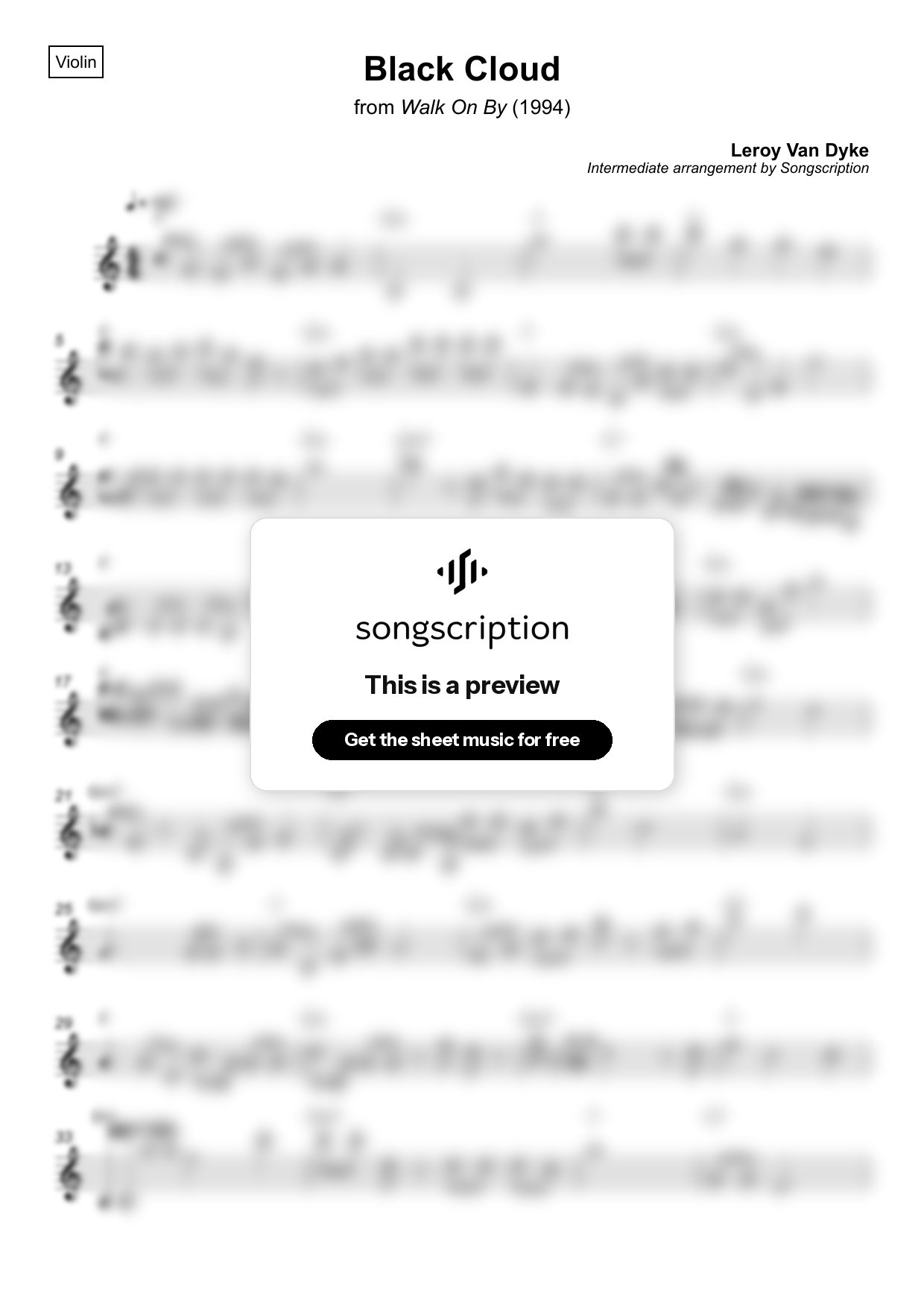 Intermediate Violin Sheet Music for "Black Cloud" by Leroy Van Dyke