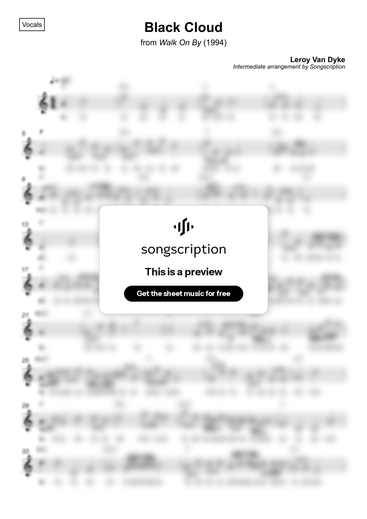 Intermediate Vocals Sheet Music for "Black Cloud" by Leroy Van Dyke