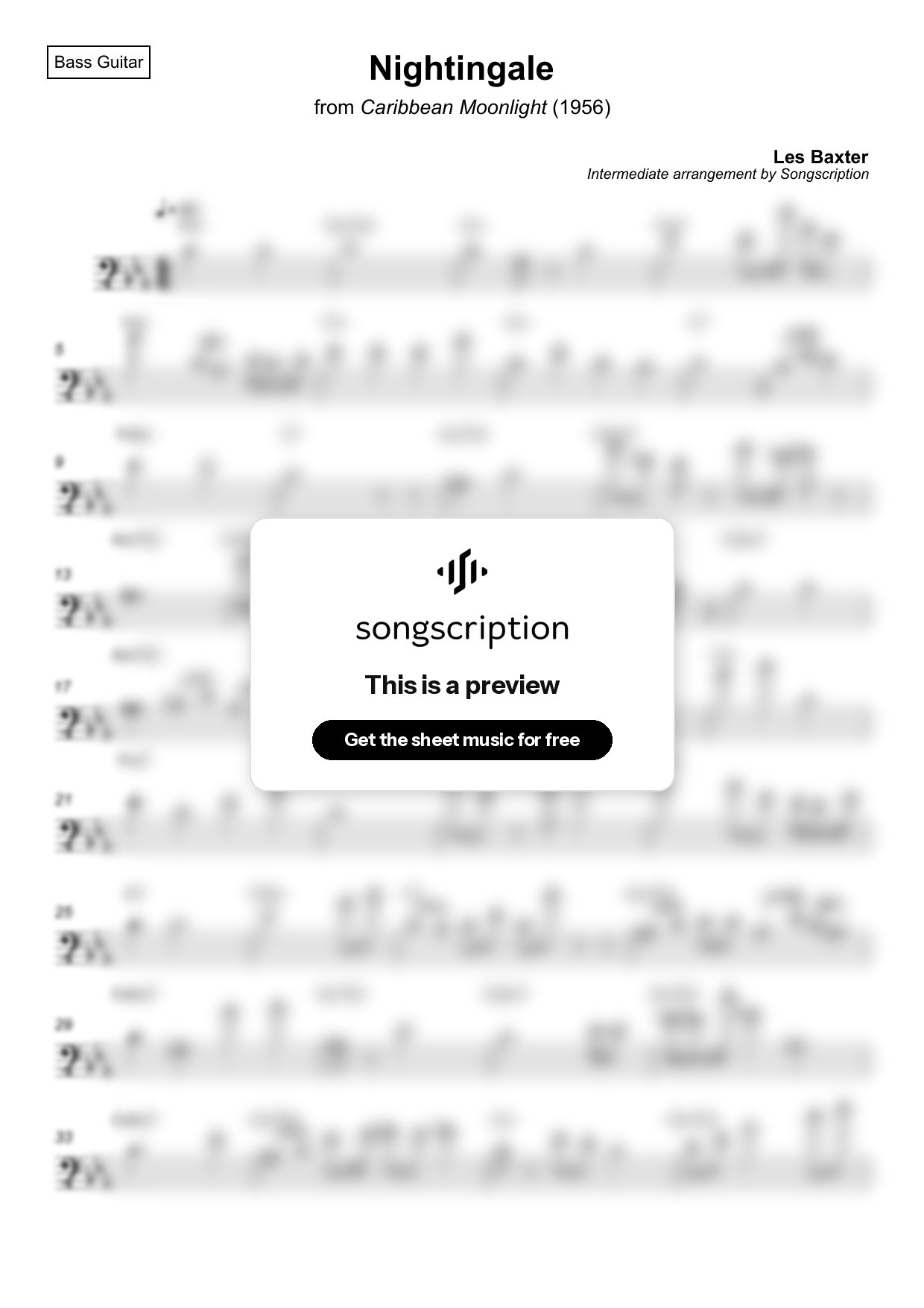 Intermediate Bass Guitar Sheet Music for "Nightingale" by Les Baxter