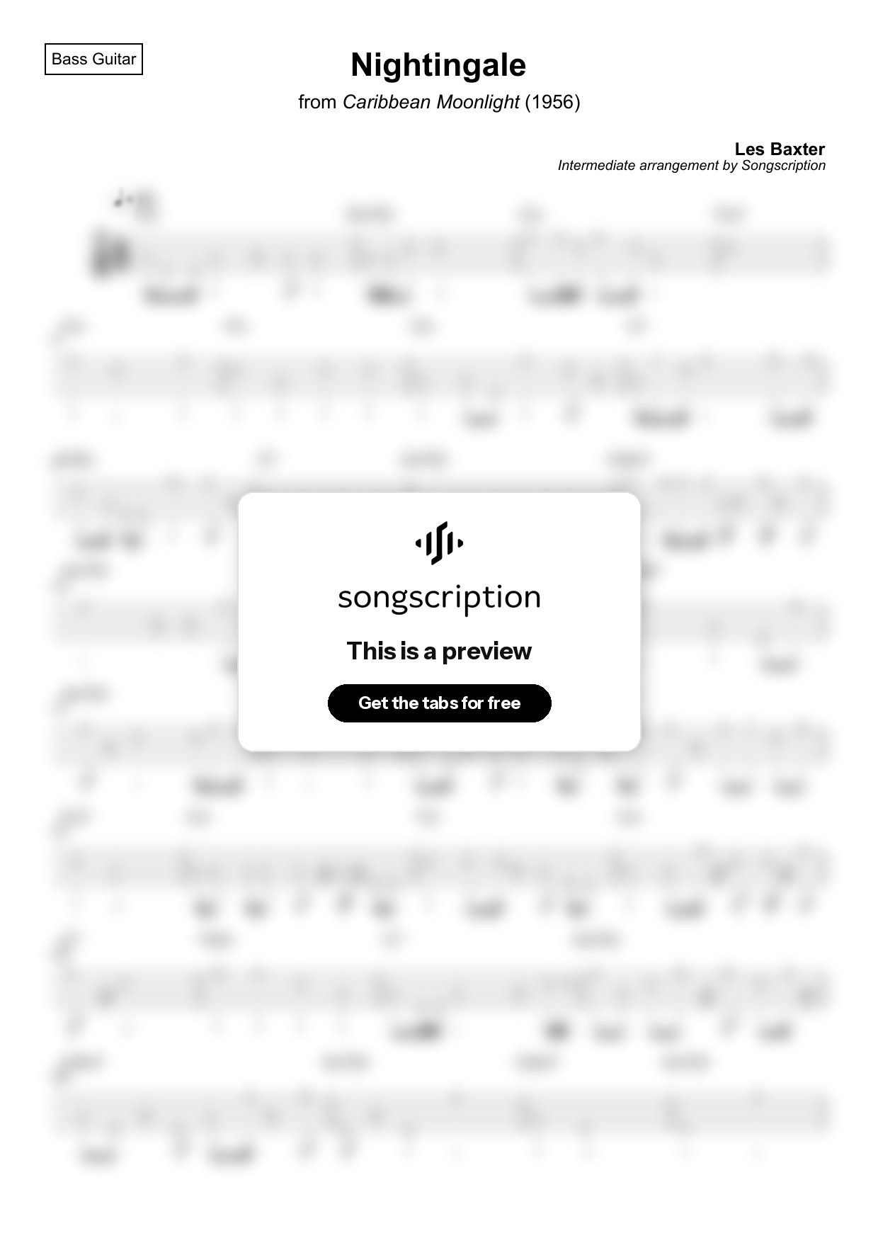 Intermediate Bass Guitar Tabs for "Nightingale" by Les Baxter