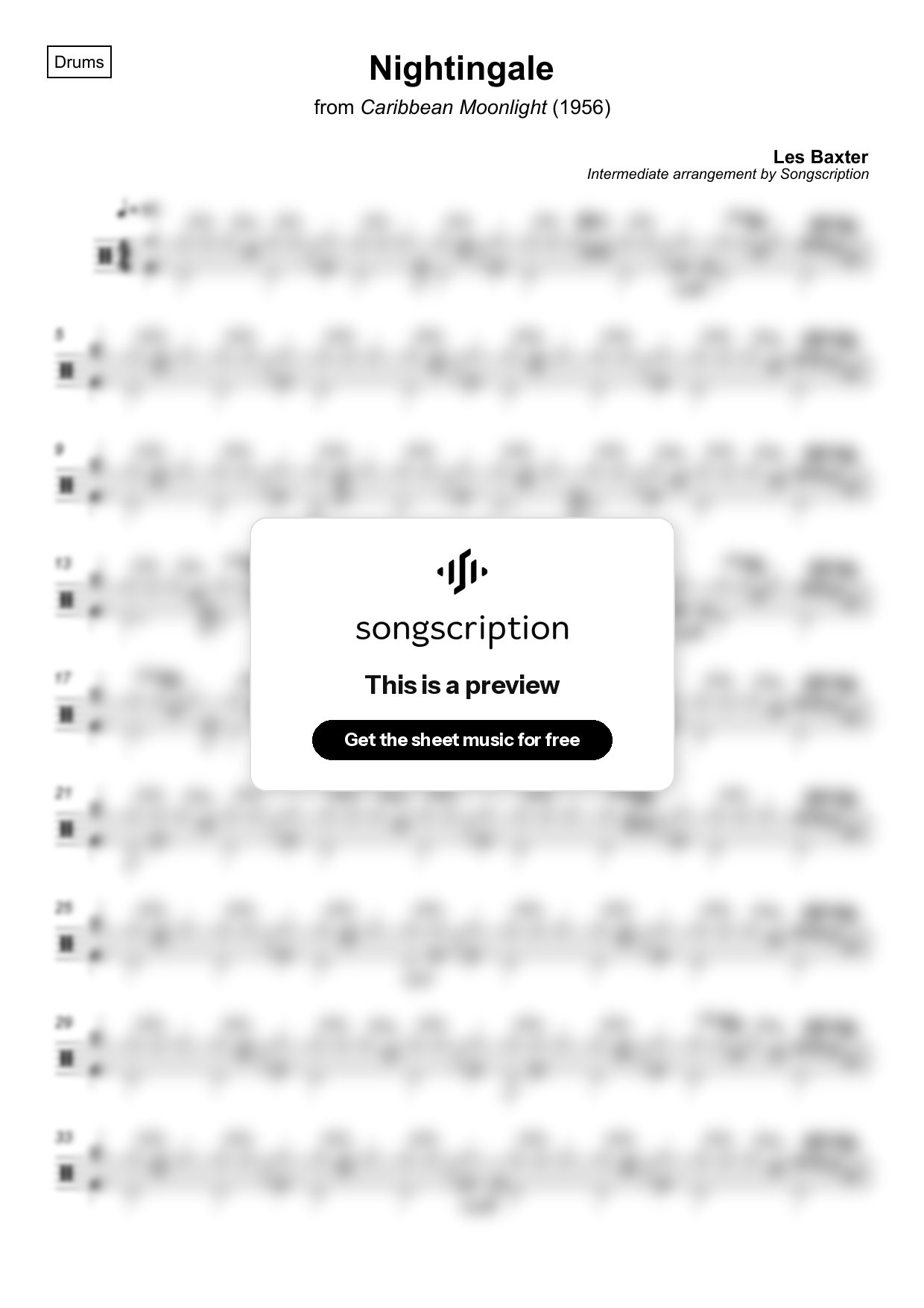 Intermediate Drums Sheet Music for "Nightingale" by Les Baxter