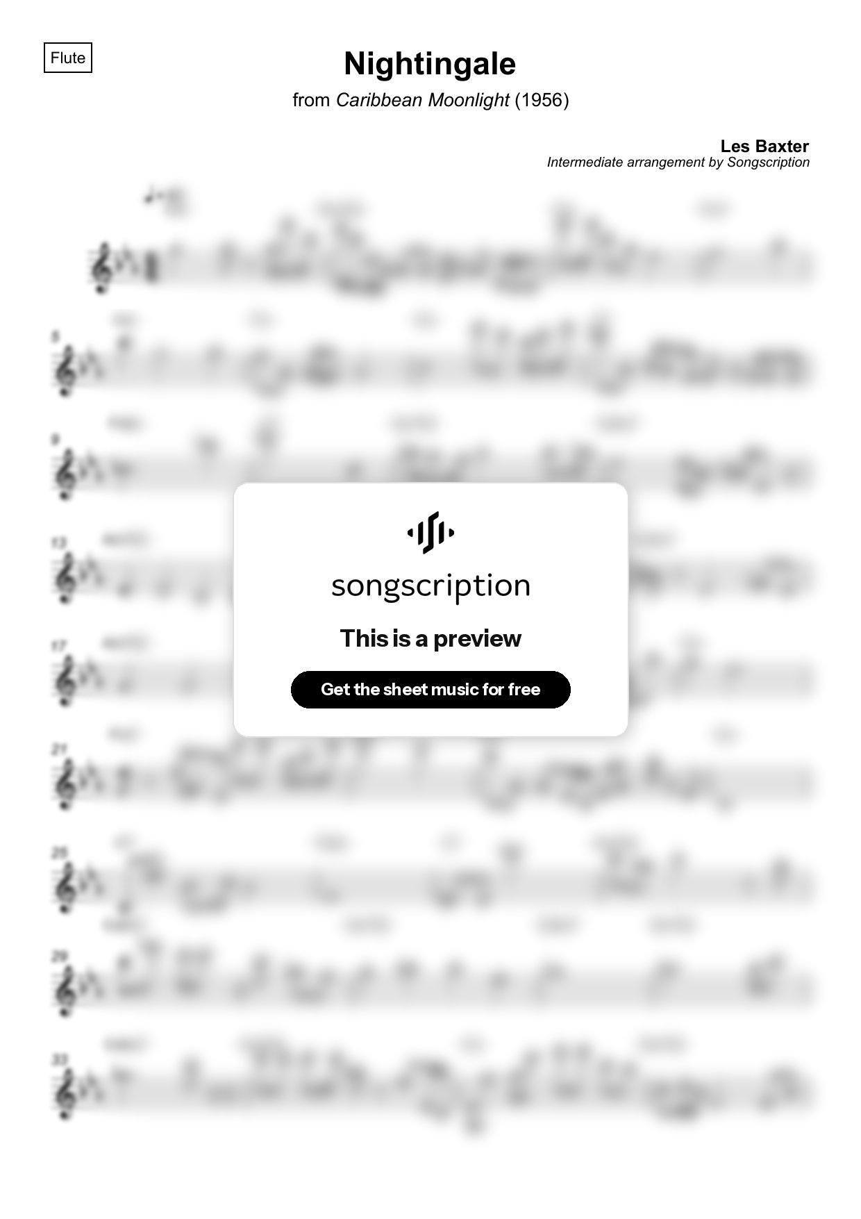 Intermediate Flute Sheet Music for "Nightingale" by Les Baxter