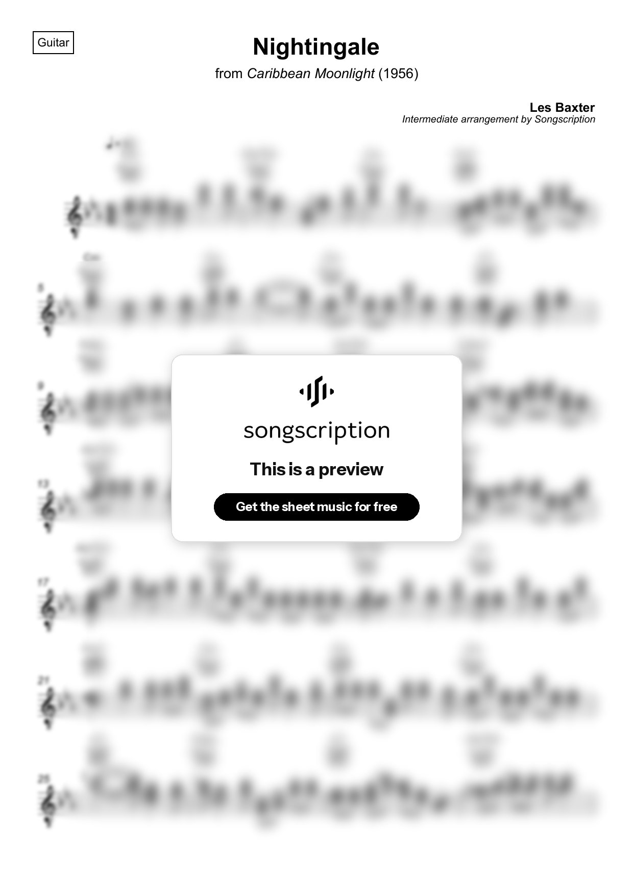Intermediate Acoustic Guitar Sheet Music for "Nightingale" by Les Baxter