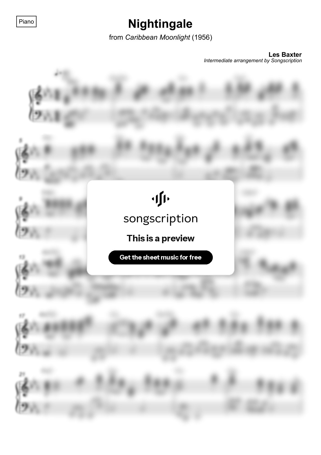 Intermediate Piano Sheet Music for "Nightingale" by Les Baxter