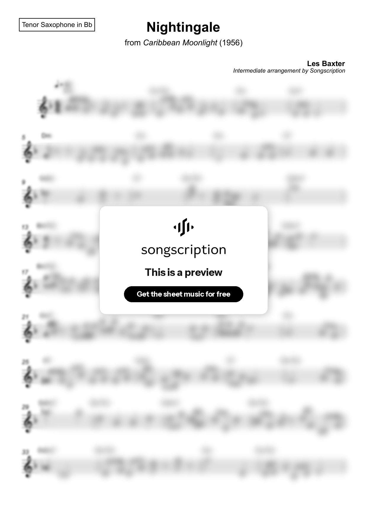 Intermediate Tenor Sax Sheet Music for "Nightingale" by Les Baxter