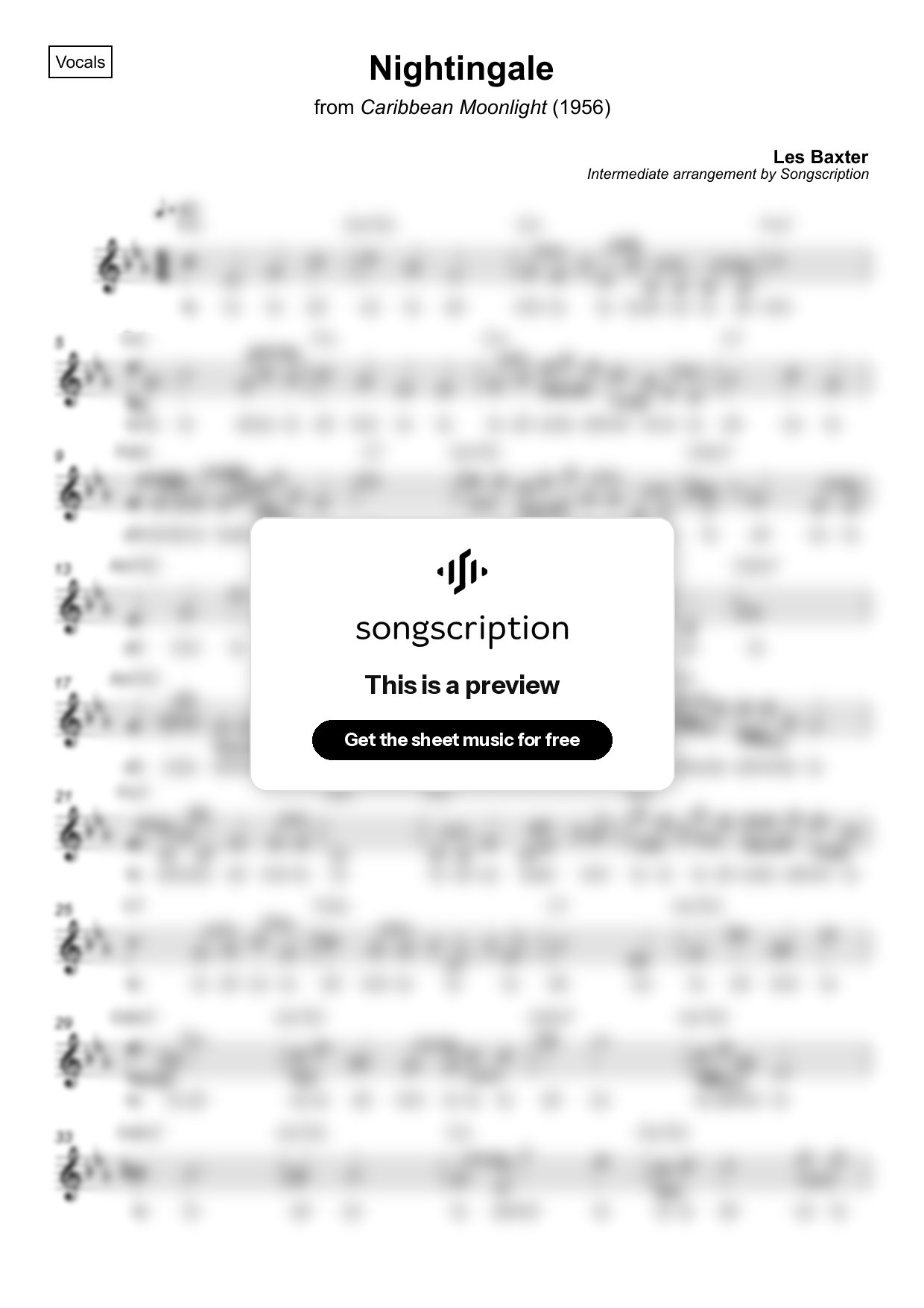 Intermediate Vocals Sheet Music for "Nightingale" by Les Baxter