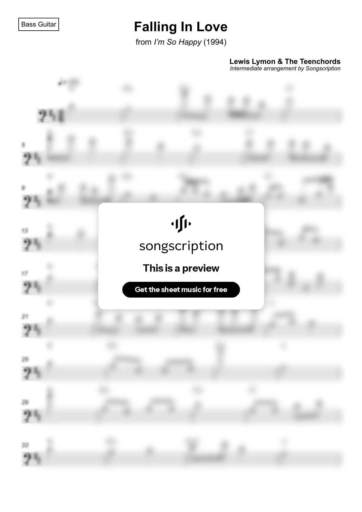 Intermediate Bass Guitar Sheet Music for "Falling In Love" by Lewis Lymon & The Teenchords